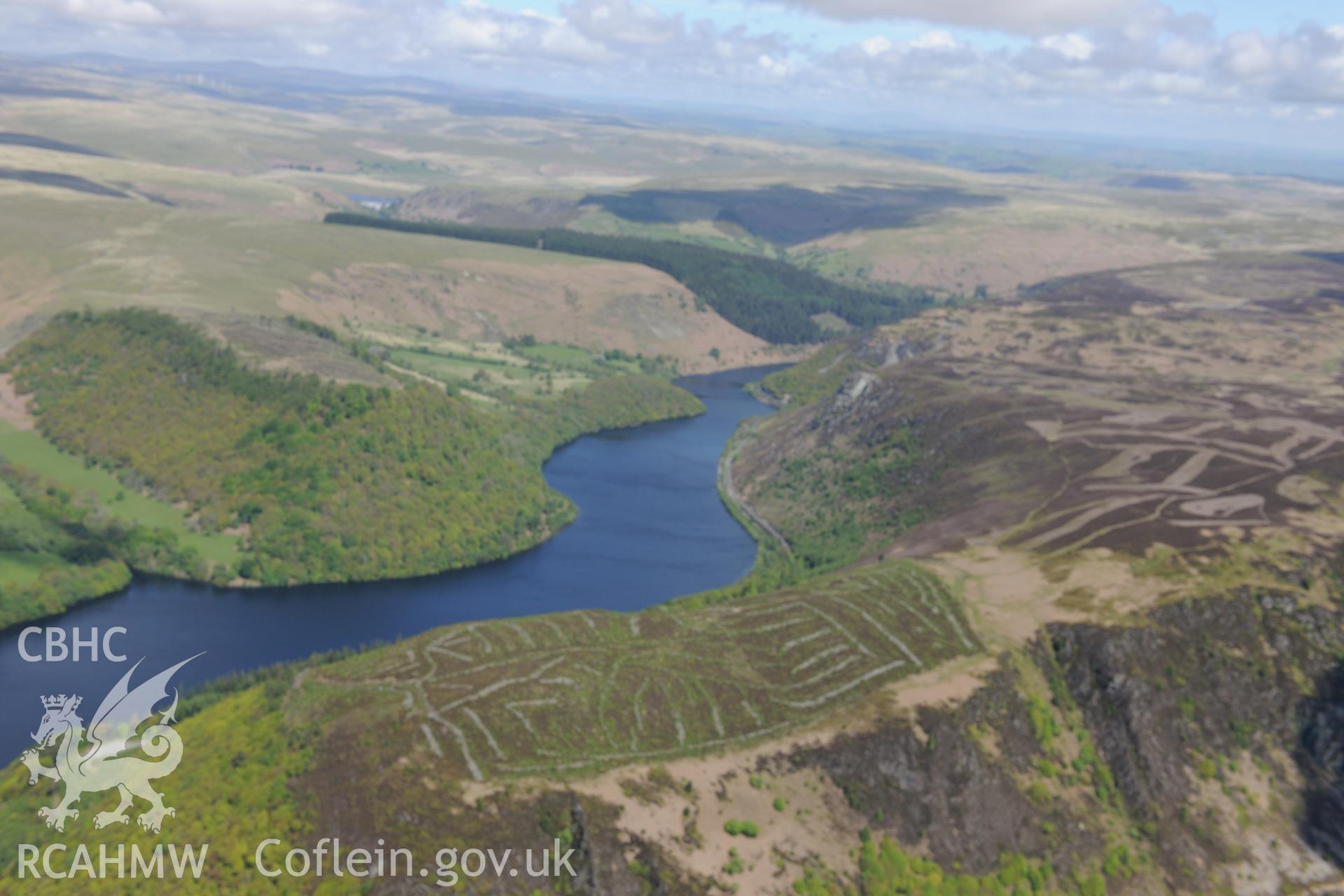 Garreg-Ddu reservoir at the Elan Valley water scheme. Oblique aerial photograph taken during the Royal Commission's programme of archaeological aerial reconnaissance by Toby Driver on 3rd June 2015.