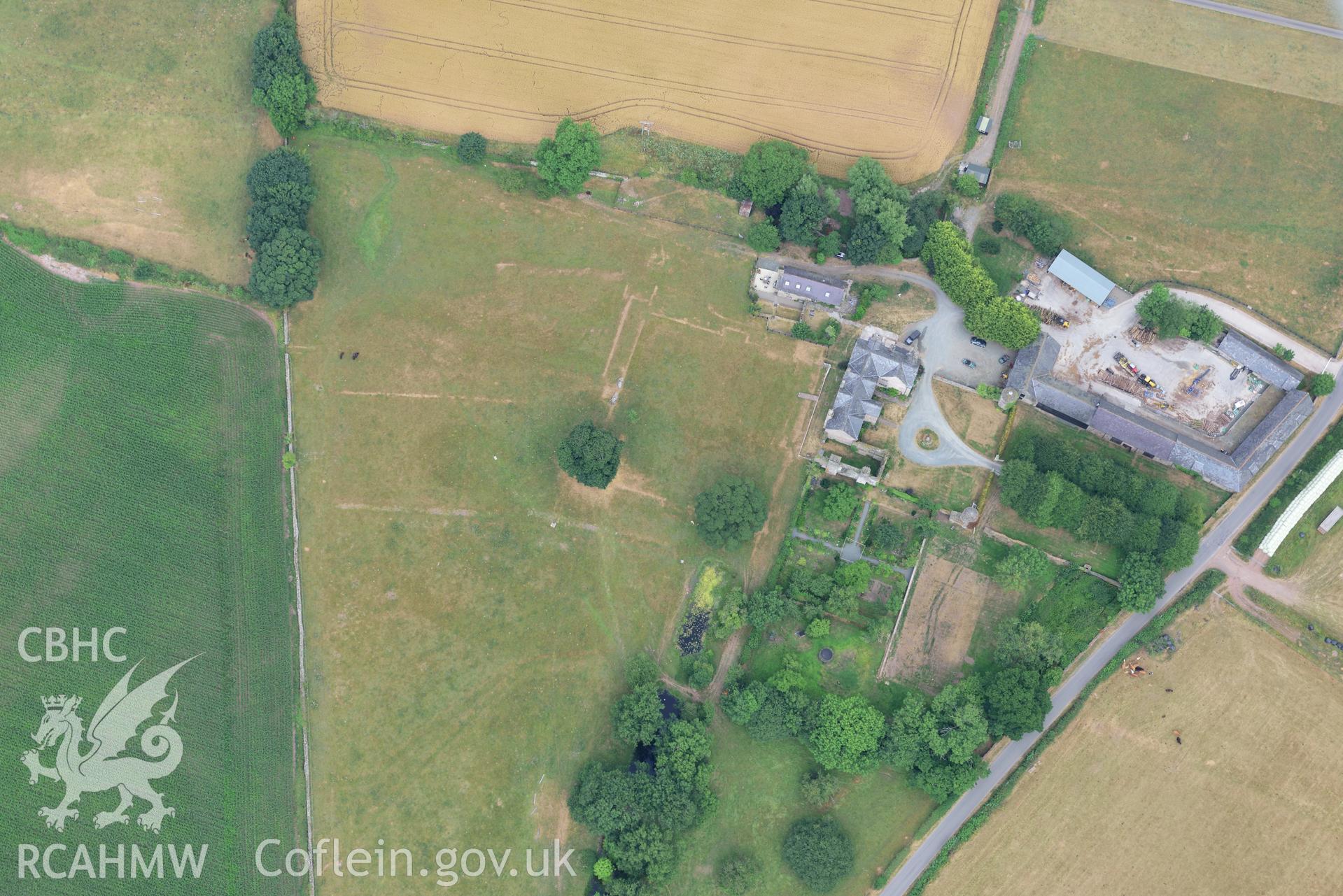 Royal Commission aerial photography of Old Gwernyfed, with parchmarks, taken on 19th July 2018 during the 2018 drought.