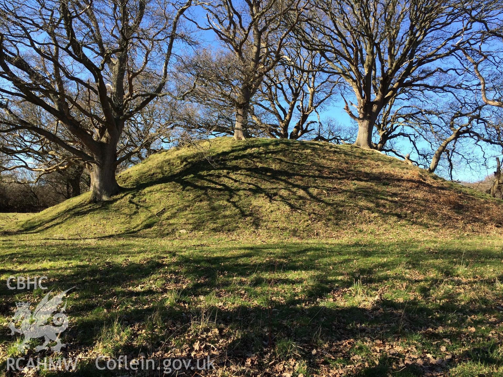 Colour photo showing view of Tal-y-cafn motte, taken by Paul R. Davis, 28th February 2018.