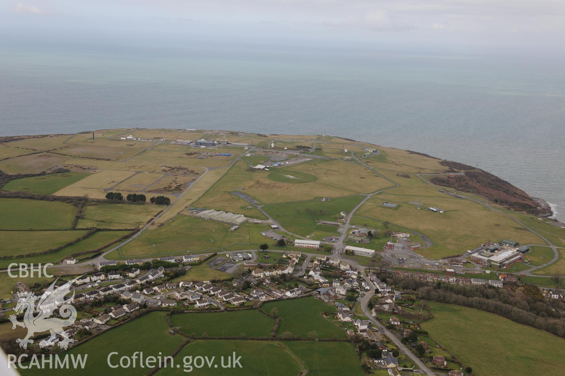 The Defence Evaluation and Research Agency base at Aberporth. Oblique aerial photograph taken during the Royal Commission's programme of archaeological aerial reconnaissance by Toby Driver on 13th March 2015.