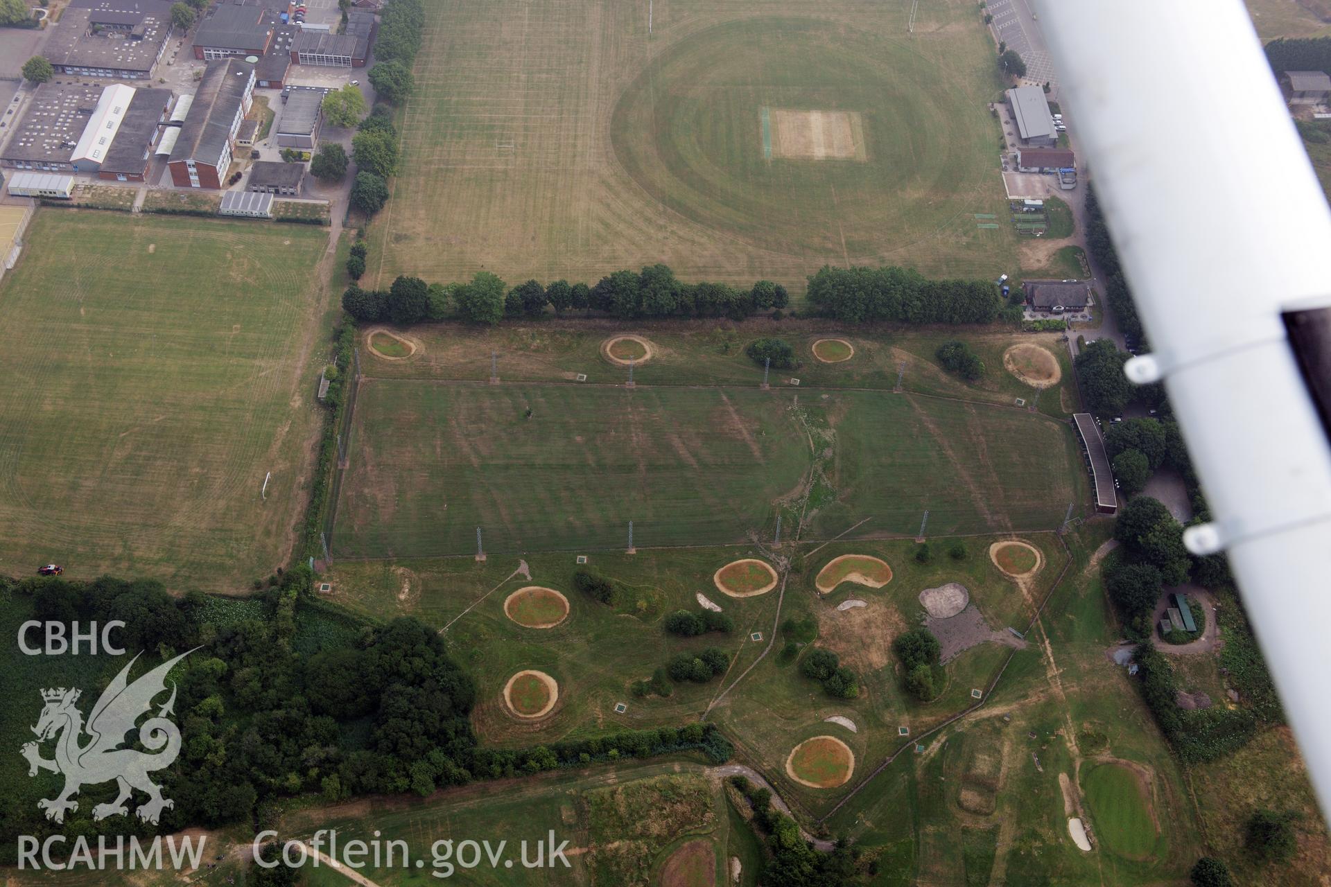 Royal Commission aerial photography of parchmarks at Caerleon School taken during drought conditions on 22nd July 2013.