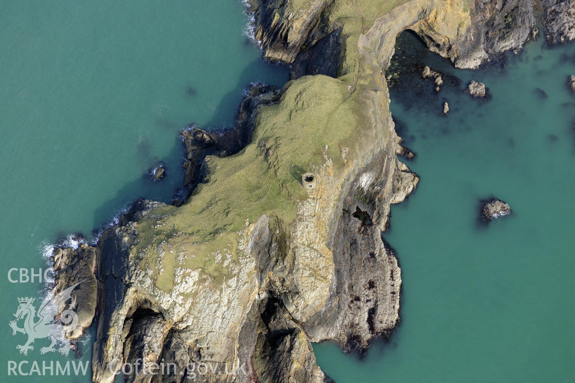 Royal Commission aerial photograph of Abereiddi tower taken on 27th March 2017. Baseline aerial reconnaissance survey for the CHERISH Project. ? Crown: CHERISH PROJECT 2017. Produced with EU funds through the Ireland Wales Co-operation Programme 2014-2020. All material made freely available through the Open Government Licence.