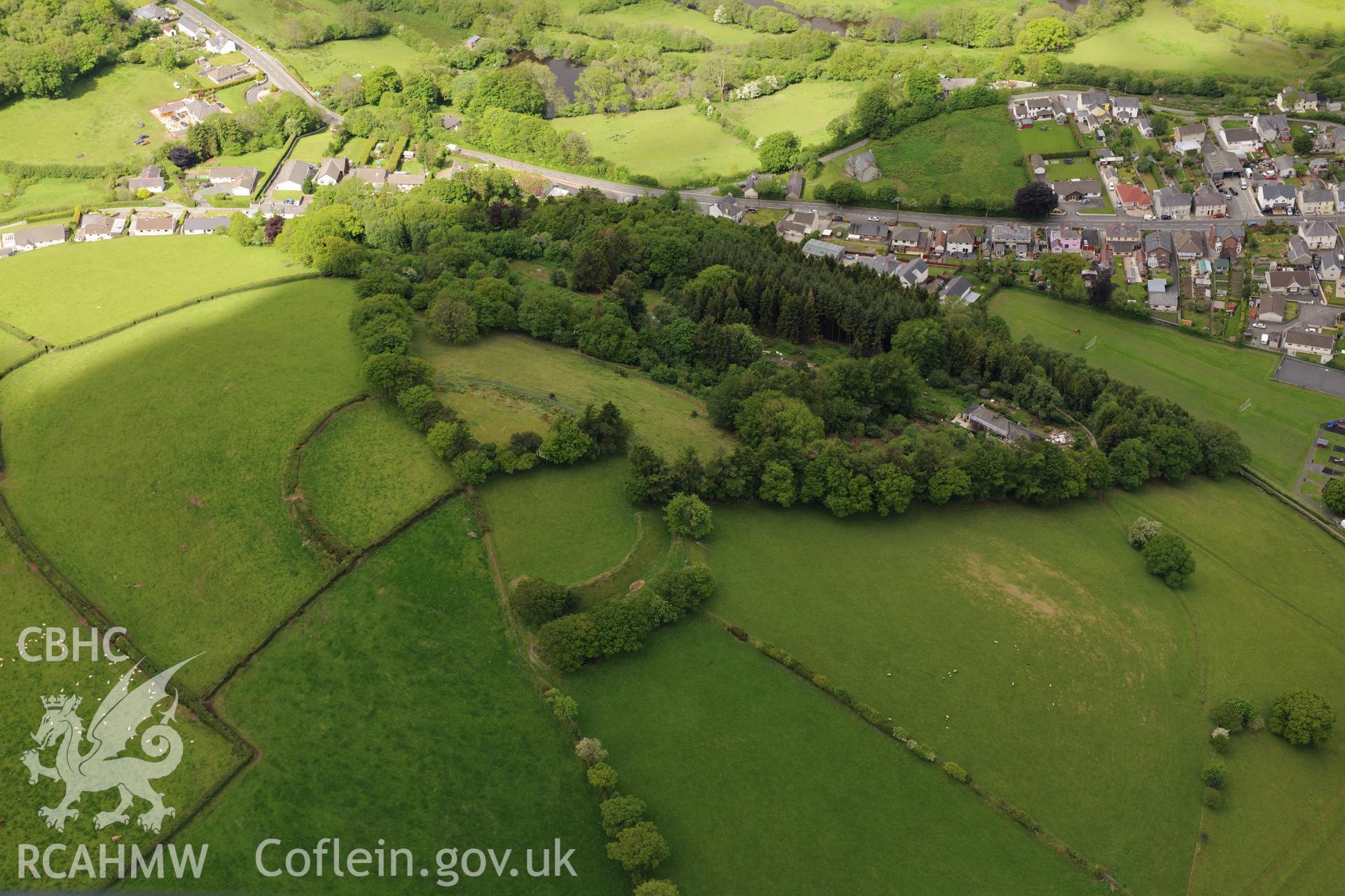 Pen-y-Gaer Hillfort, Llanybydder. Oblique aerial photograph taken during the Royal Commission's programme of archaeological aerial reconnaissance by Toby Driver on 3rd June 2015.