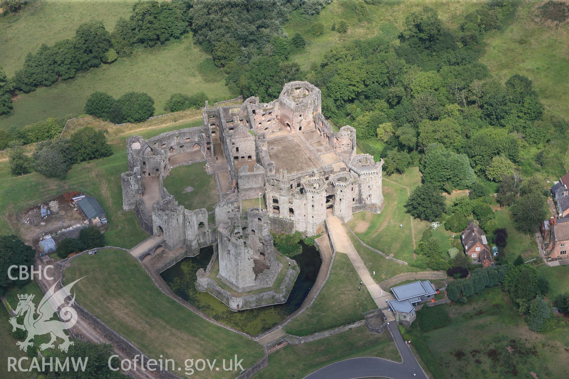 Raglan Castle and Gardens, Raglan, south west of Monmouth. Oblique aerial photograph taken during the Royal Commission?s programme of archaeological aerial reconnaissance by Toby Driver on 1st August 2013.