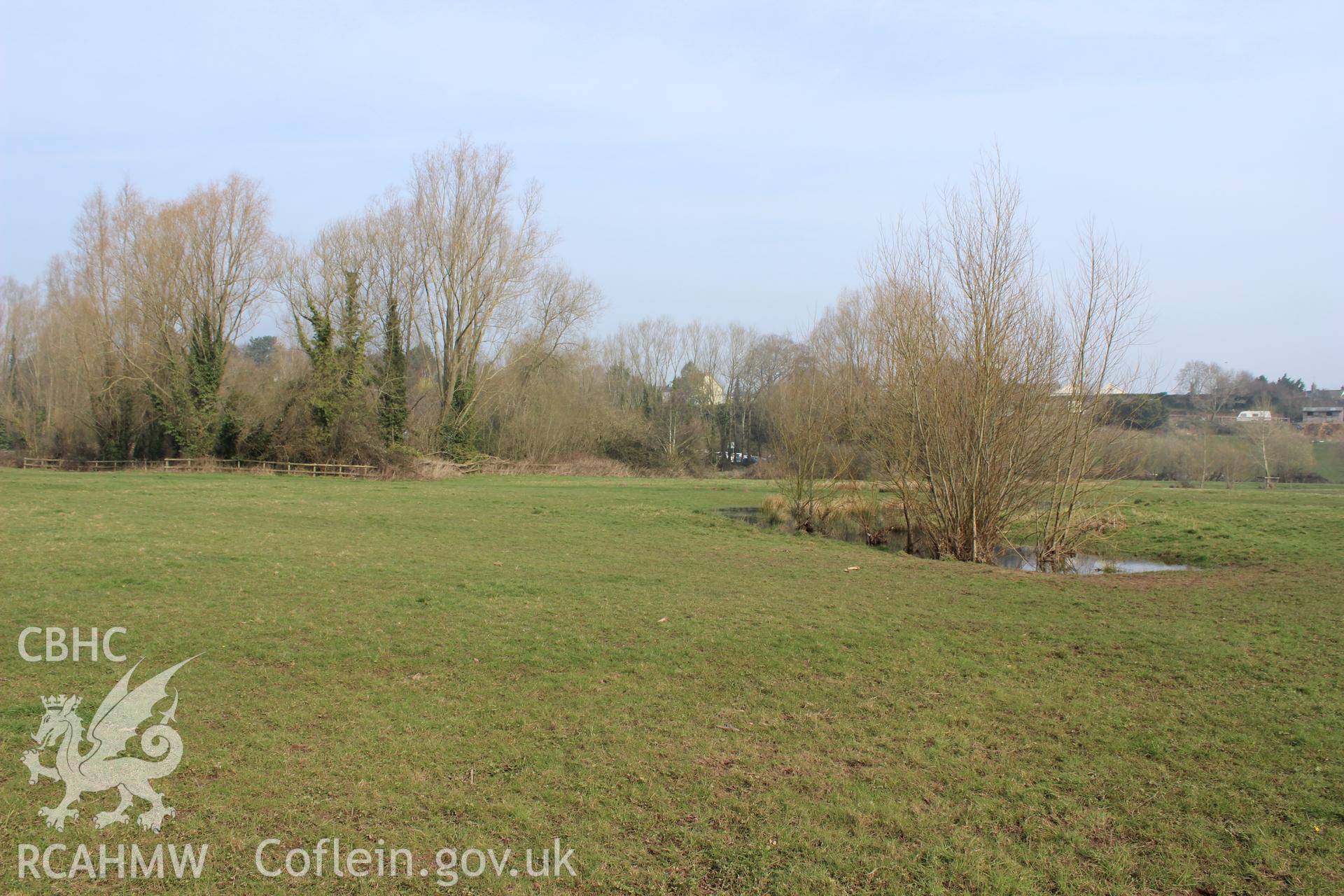 'View from the centre of proposed Site A towards the north.' Photographed on site visit for archaeological desk based assessment of the proposed Eisteddfod Site at Castle Meadows and Llanfoist, Abergavenny, carried out by Archaeology Wales, 2014.