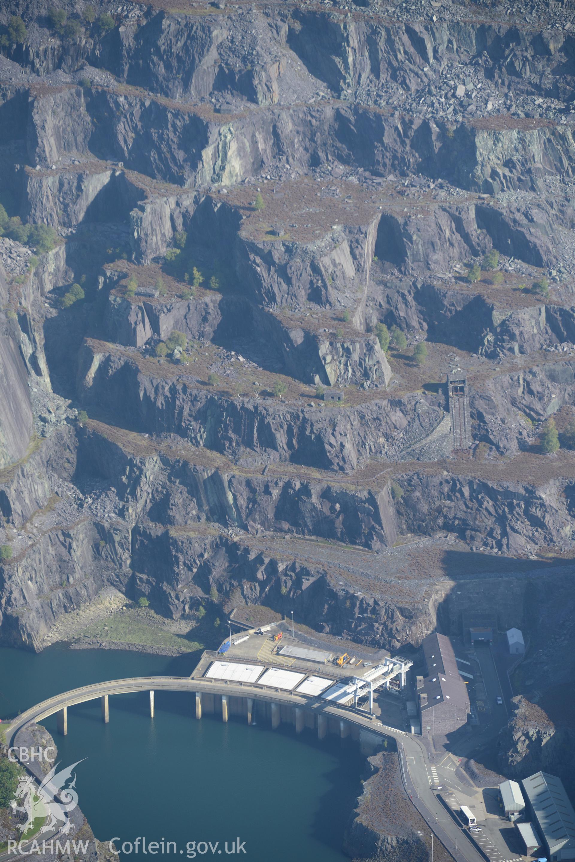 Dinorwic slate quarry; Dinorwig hydro-electric power station (Electric Mountain) and Llyn Peris reservoir, Llanberis. Oblique aerial photograph taken during the Royal Commission's programme of archaeological aerial reconnaissance by Toby Driver on 2nd October 2015.