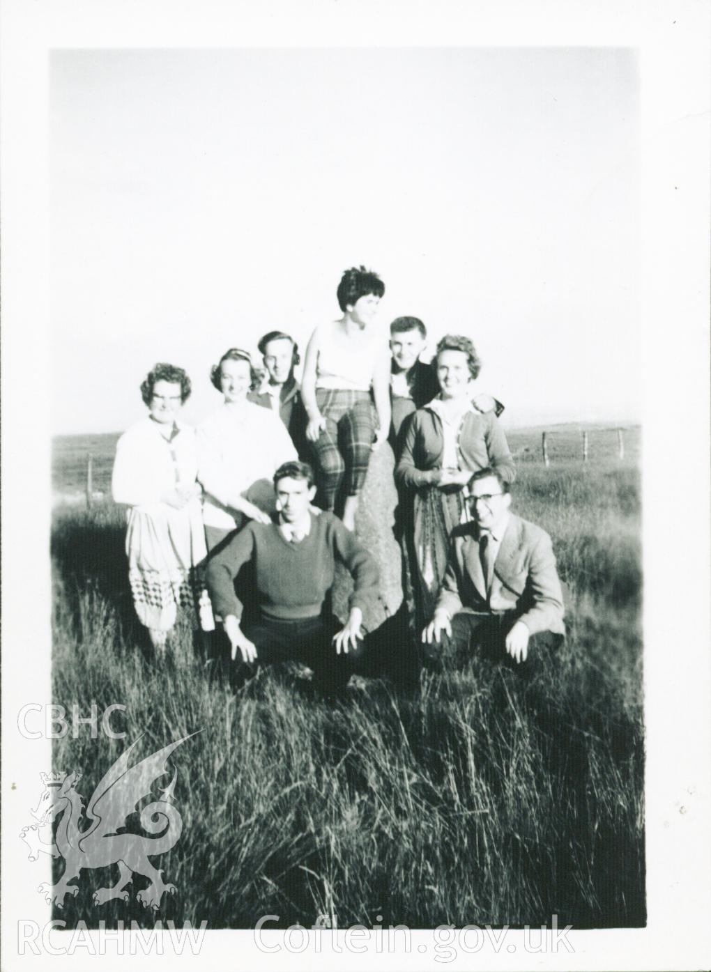 Black and white photograph of young people's walk on Margam Mountain to Bodvoc Stone, circa. 1955. Donated to the RCAHMW by Cyril Philips as part of the Digital Dissent Project.