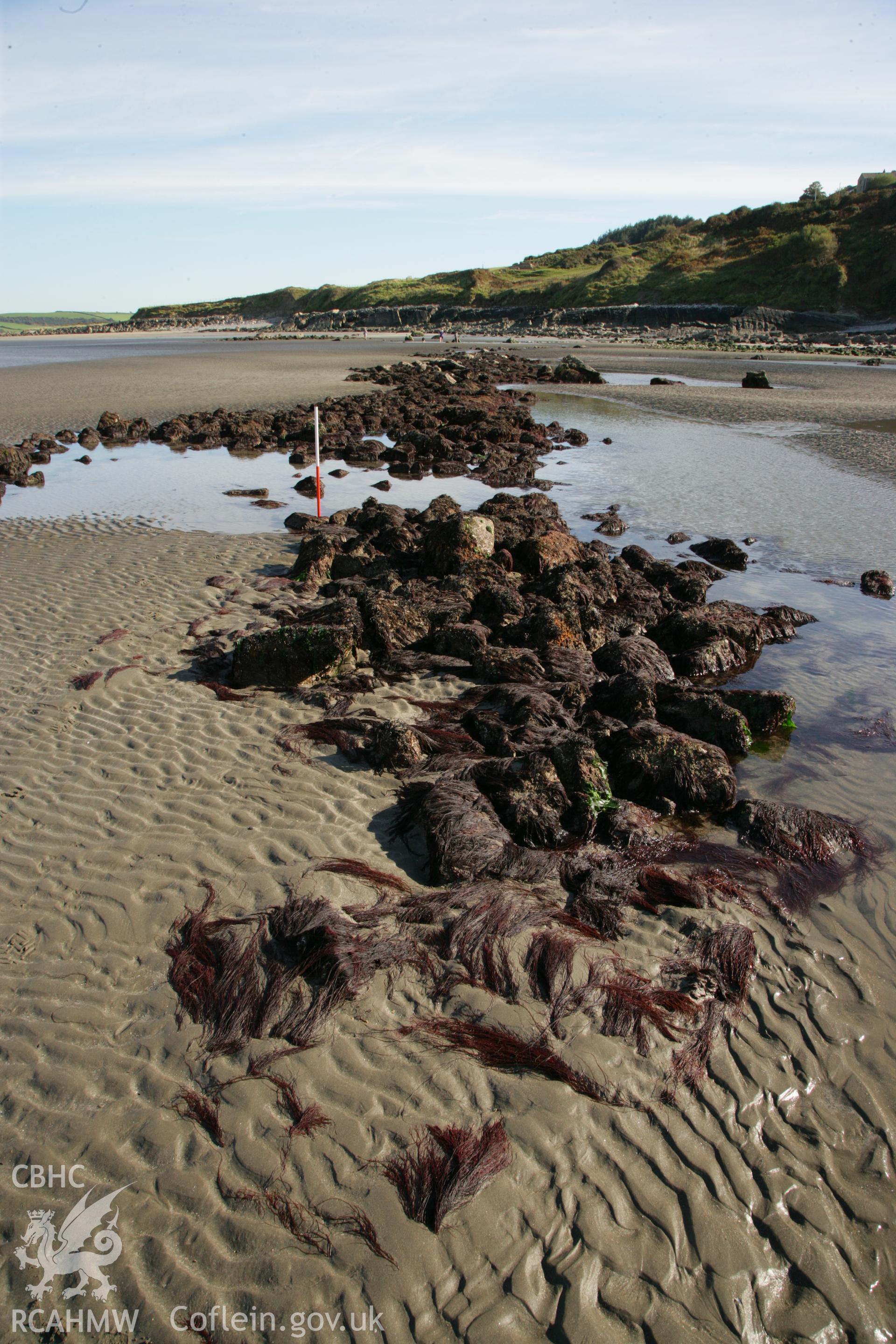 Poppit Fish Trap at low tide, photographed during filming for the TV series 'What on Earth?' with the Discovery Channel.