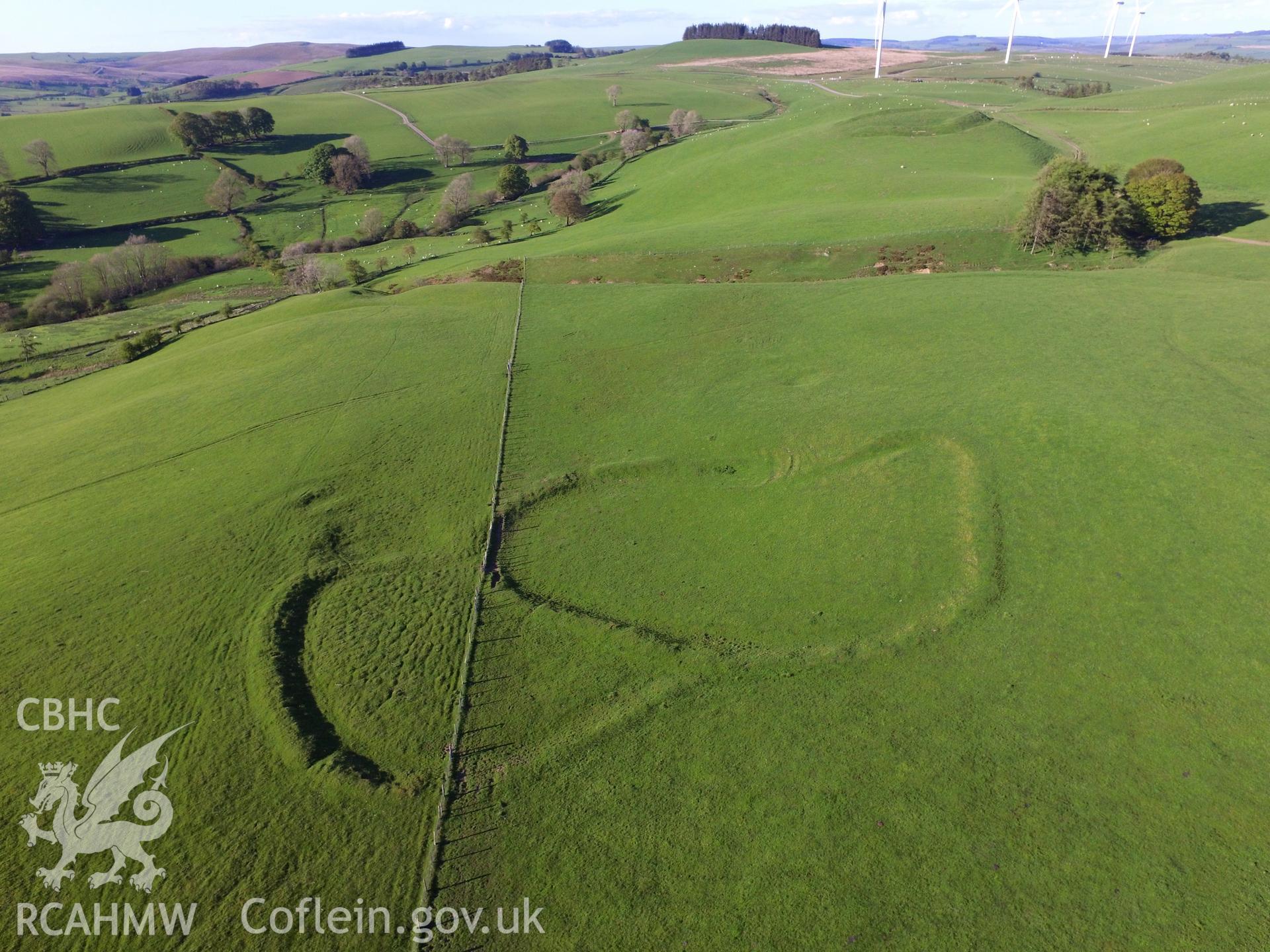 Colour photo showing view of settlement at Castell-y-Blaidd, Llanbadarn Fynydd in it's surroundings, taken by Paul R. Davis, 13th May 2018.