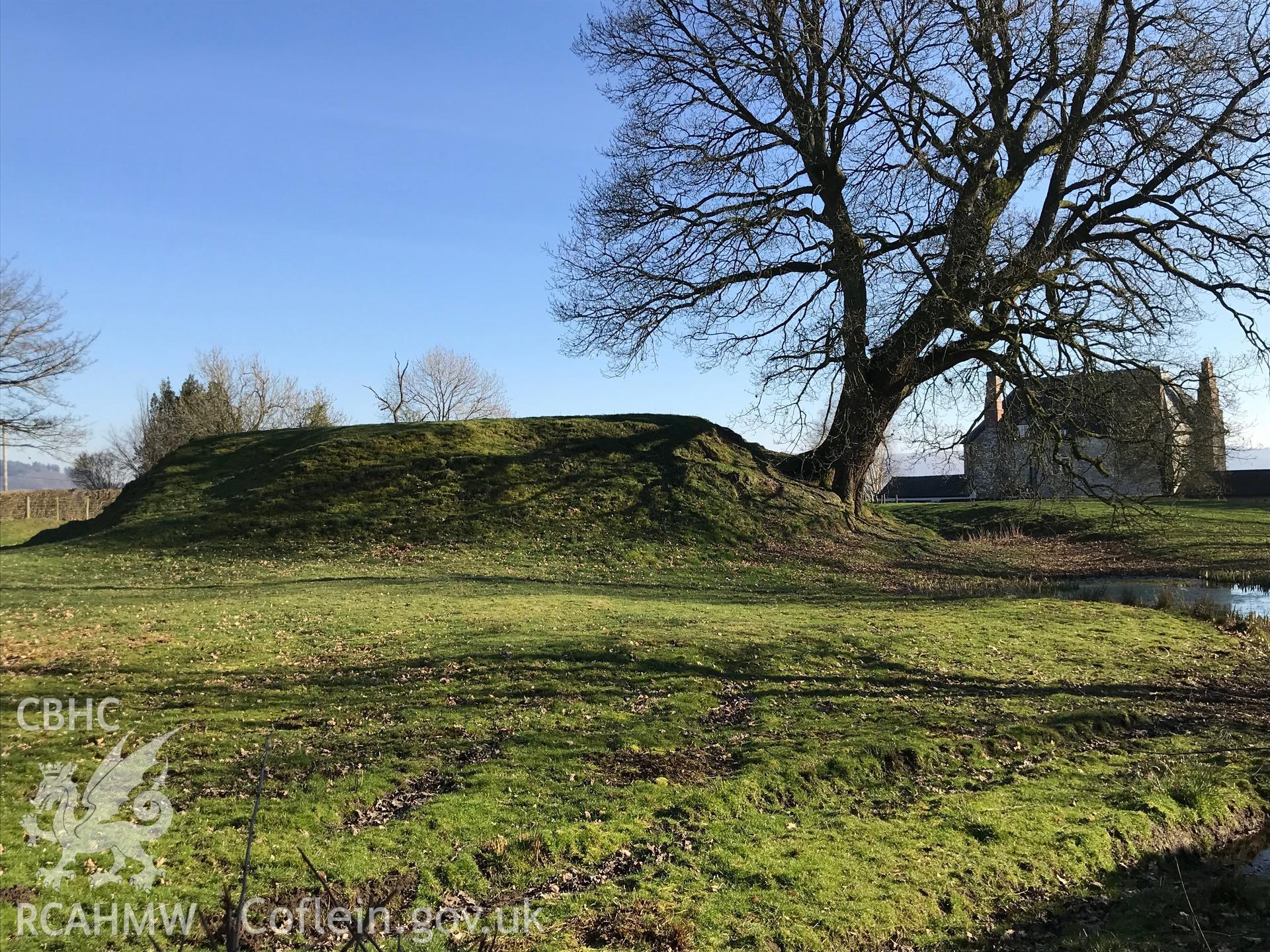 Colour photograph of Kinnerton Castle and Kinnerton Court motte, taken by Paul R. Davis on 25th February 2019.