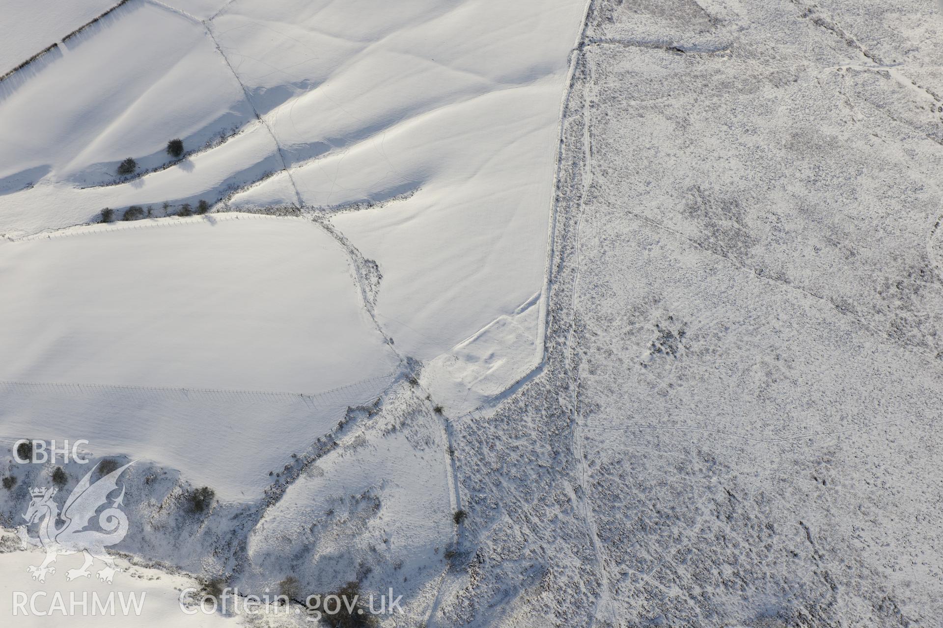 Cwm-Twrch Medieval platform settlement, Glascwm. Oblique aerial photograph taken during the Royal Commission?s programme of archaeological aerial reconnaissance by Toby Driver on 15th January 2013.