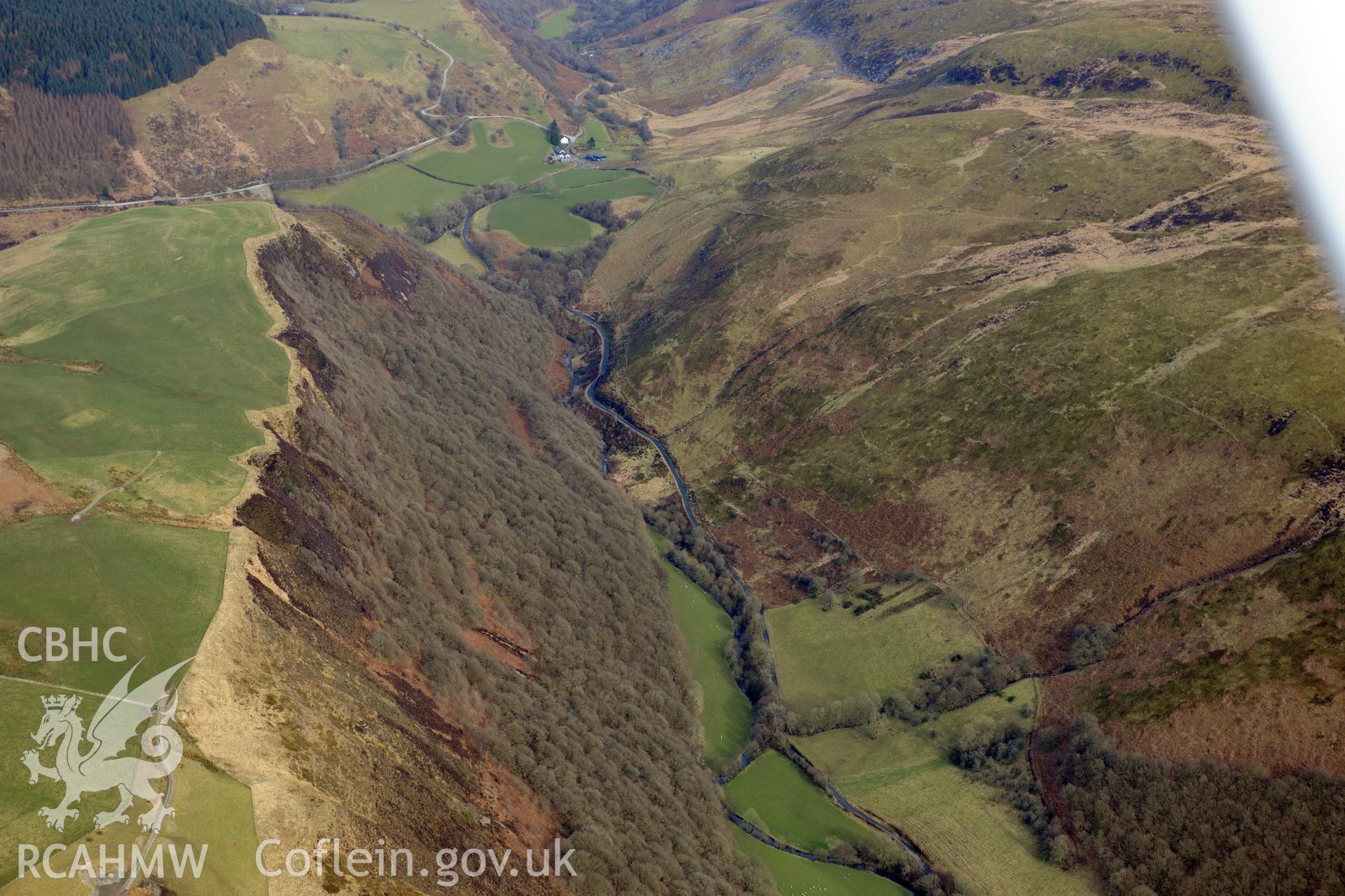 The Dolau Cothi Aqueduct in the Cothi valley, south east of Lampeter. Oblique aerial photograph taken during the Royal Commission?s programme of archaeological aerial reconnaissance by Toby Driver on 28th February 2013.