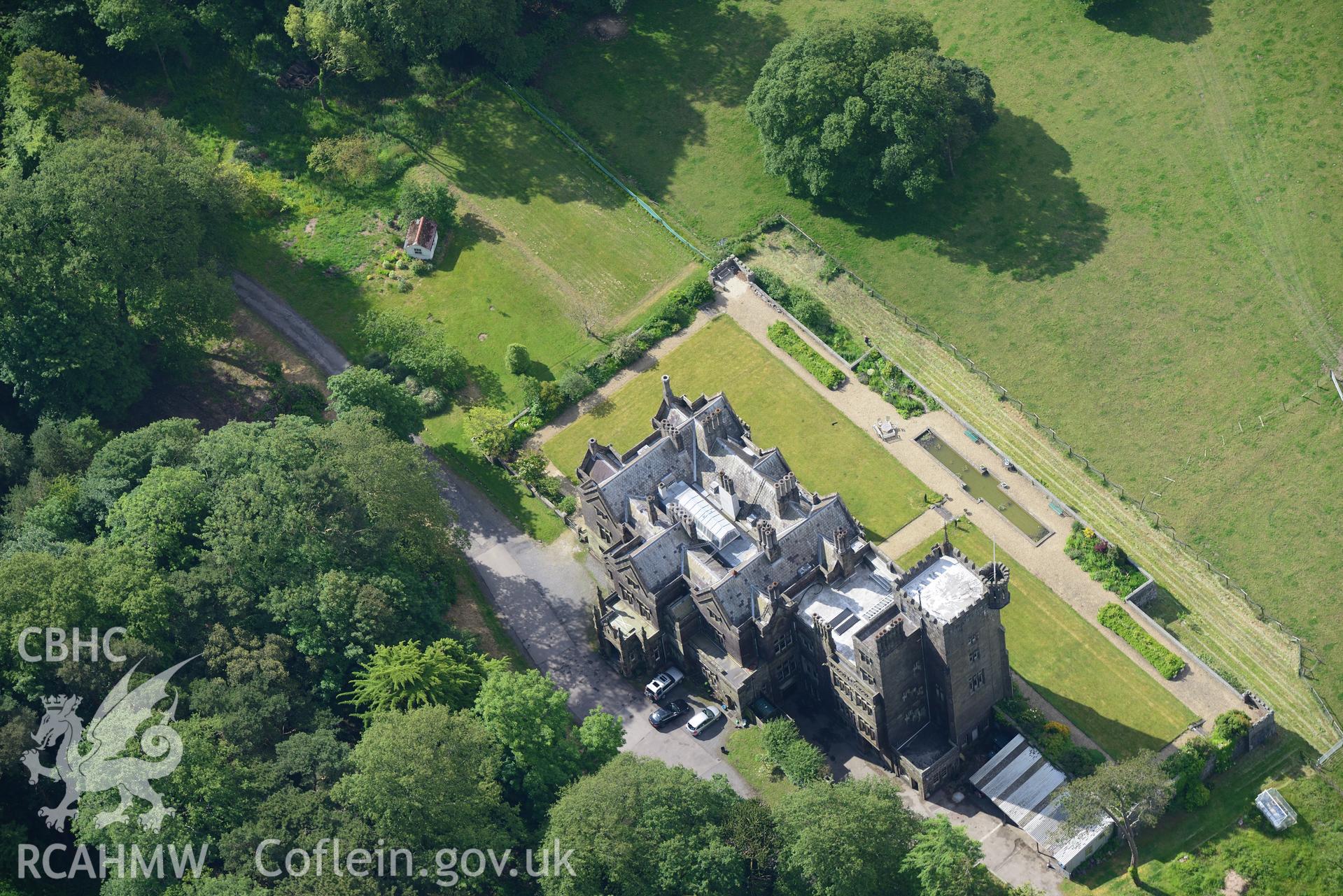 Stradey Castle and it's garden, Llanelli. Oblique aerial photograph taken during the Royal Commission's programme of archaeological aerial reconnaissance by Toby Driver on 19th June 2015.