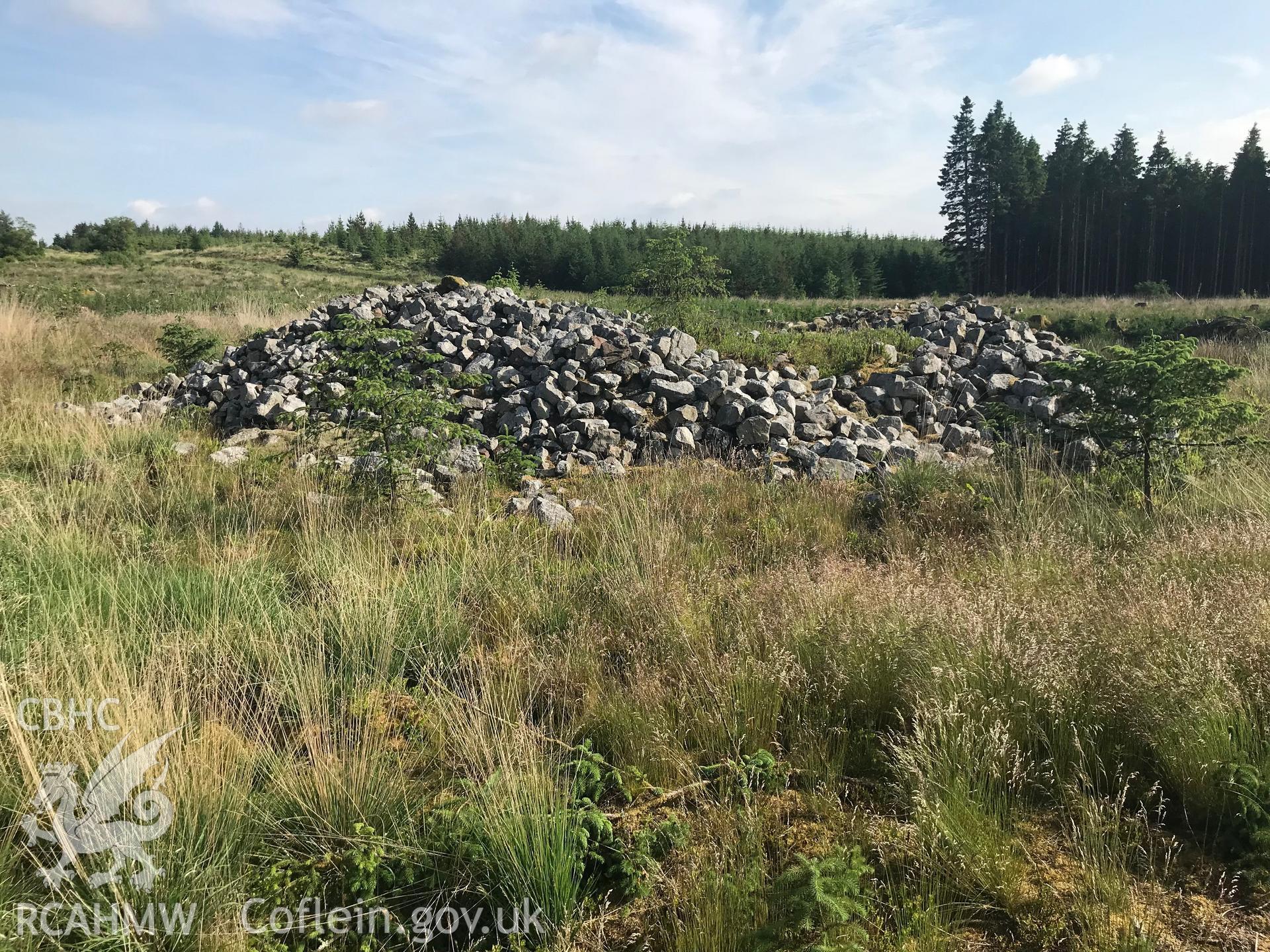 Colour photo showing view of Carn-yr-Arian round barrow, Ystradfellte, taken by Paul R. Davis, 5th June 2018.