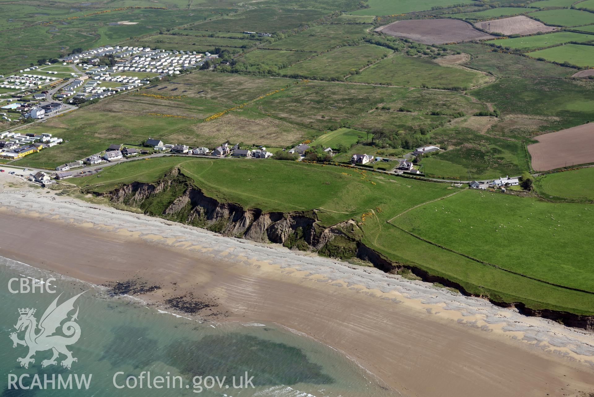 Aerial photography of Dinas Dinlle taken on 3rd May 2017.  Baseline aerial reconnaissance survey for the CHERISH Project. ? Crown: CHERISH PROJECT 2017. Produced with EU funds through the Ireland Wales Co-operation Programme 2014-2020. All material made