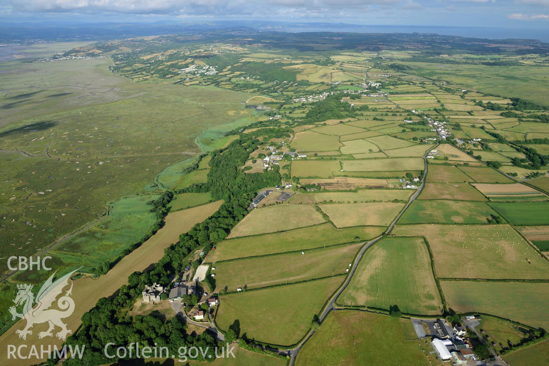 Royal Commission aerial photography of Weobley Castle, with parchmarks, taken on 17th July 2018 during the 2018 drought.