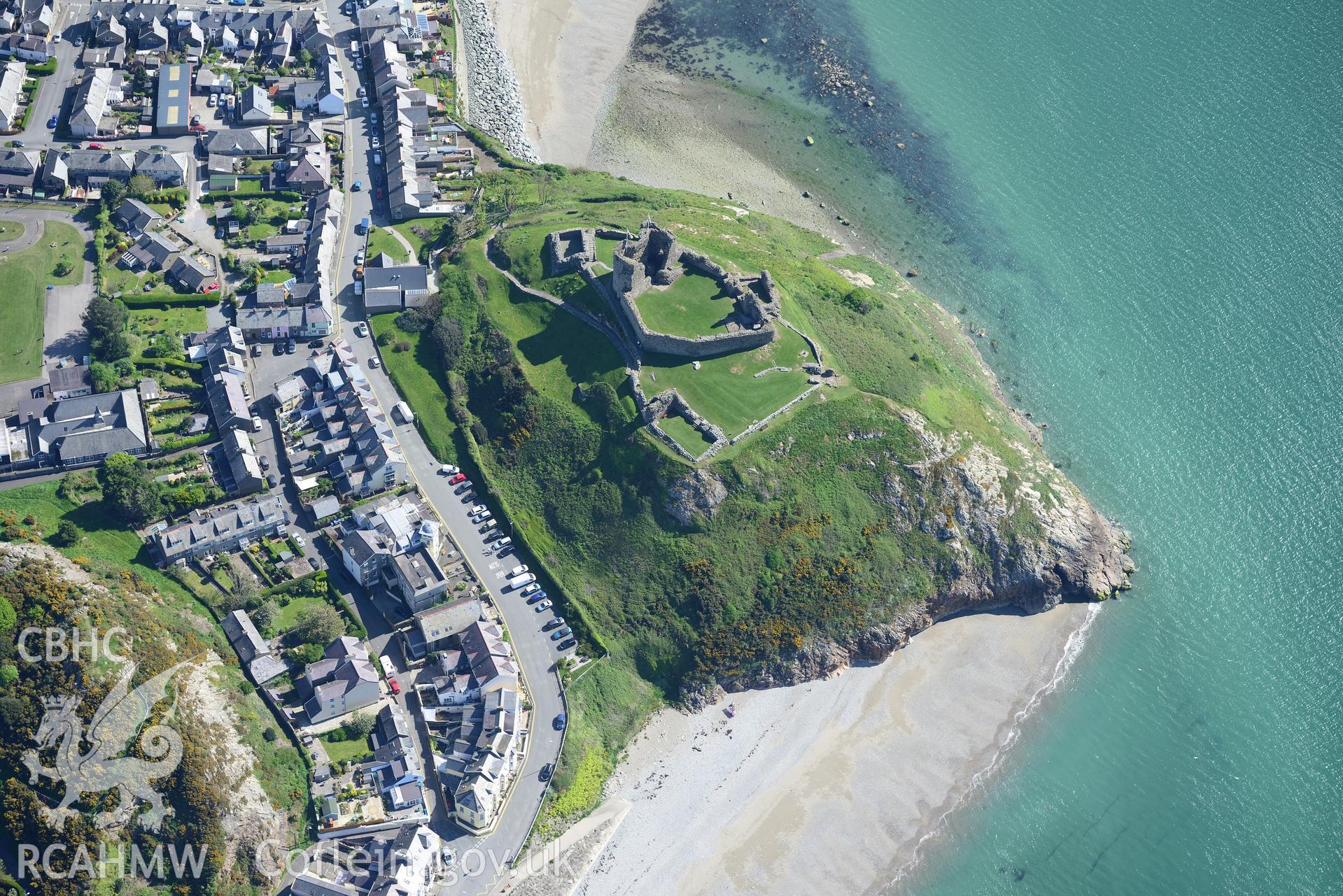 Aerial photography of Criccieth and its castle taken on 3rd May 2017.  Baseline aerial reconnaissance survey for the CHERISH Project. ? Crown: CHERISH PROJECT 2017. Produced with EU funds through the Ireland Wales Co-operation Programme 2014-2020. All ma