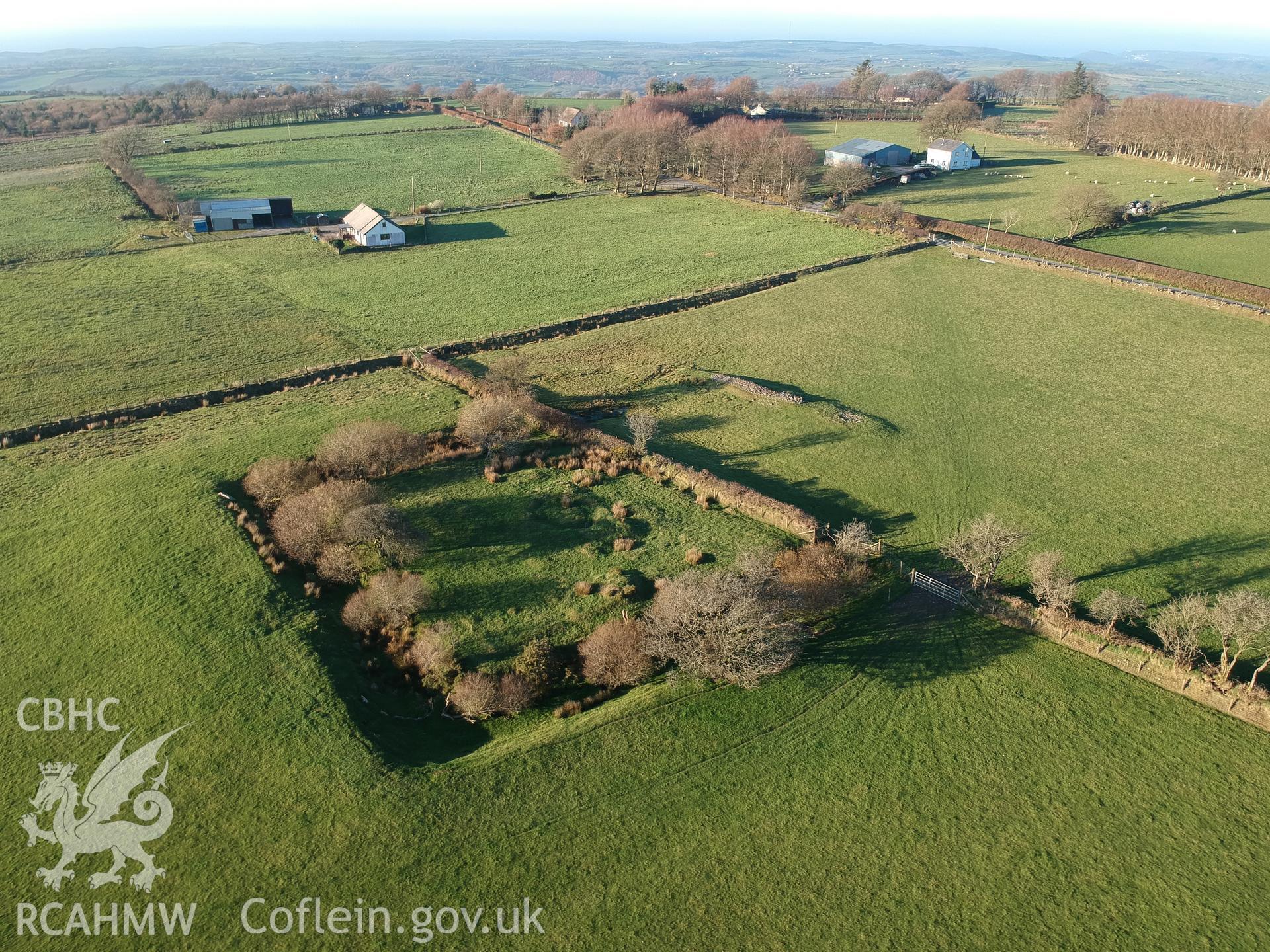 Aerial view from the south east of Castell Talwrn, Llangwyrfon. Colour photograph taken by Paul R. Davis on 17th November 2018.