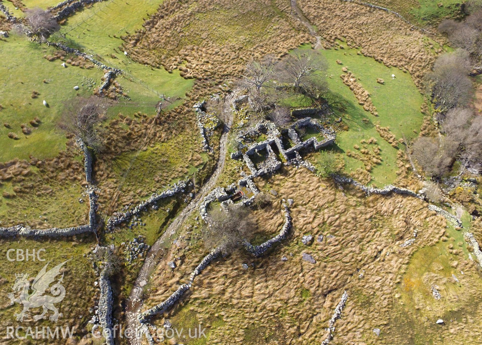 Colour photo showing aerial view of the ruins of Gwernsaeson-Fawr house, Bethesda, taken by Paul R. Davis, 18th April 2018.