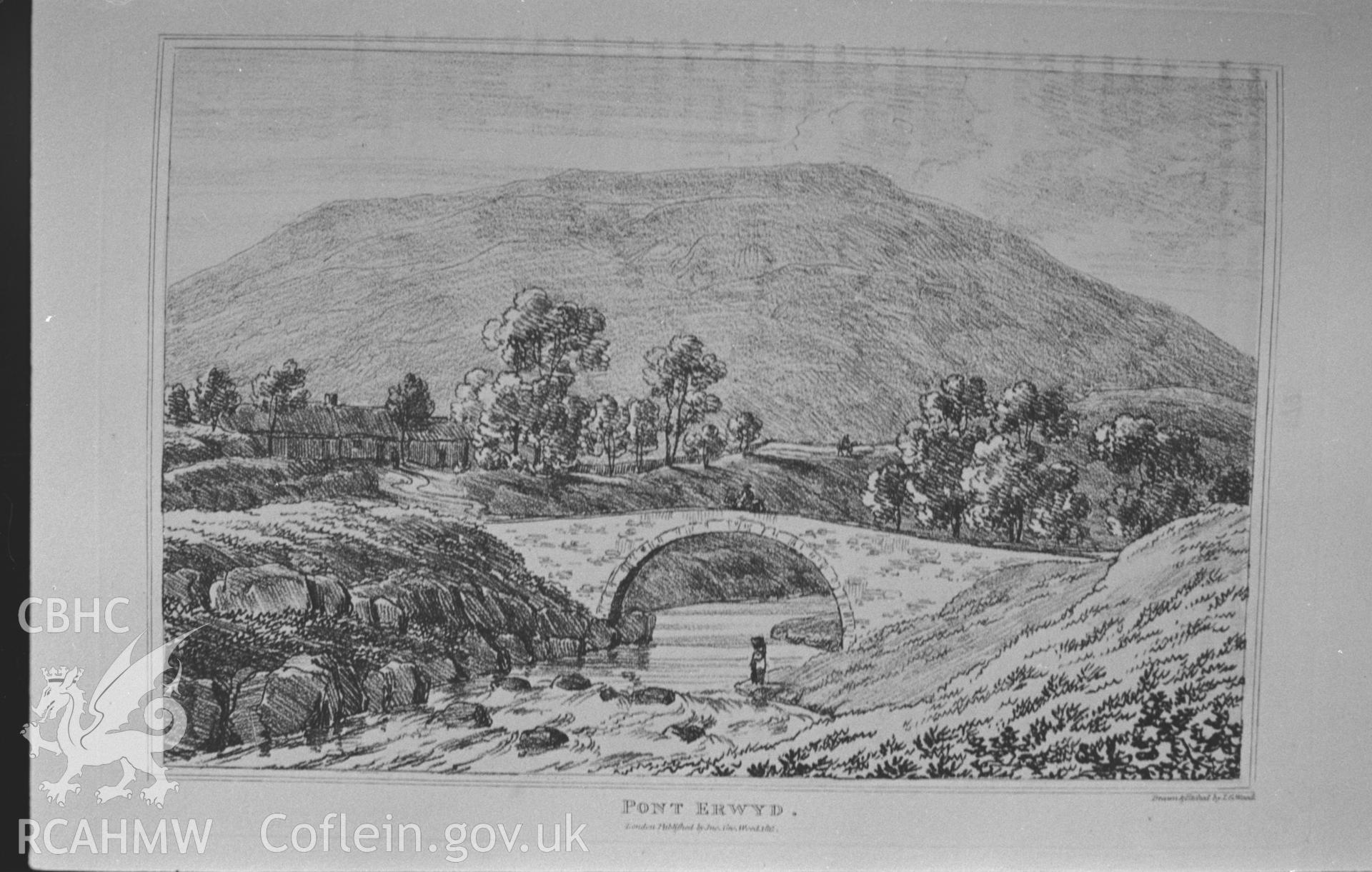 'Pont Erwyd' drawn and engraved by J. G. Woods, c.1810. Photographed by Arthur O. Chater in January 1968 for his own private research.