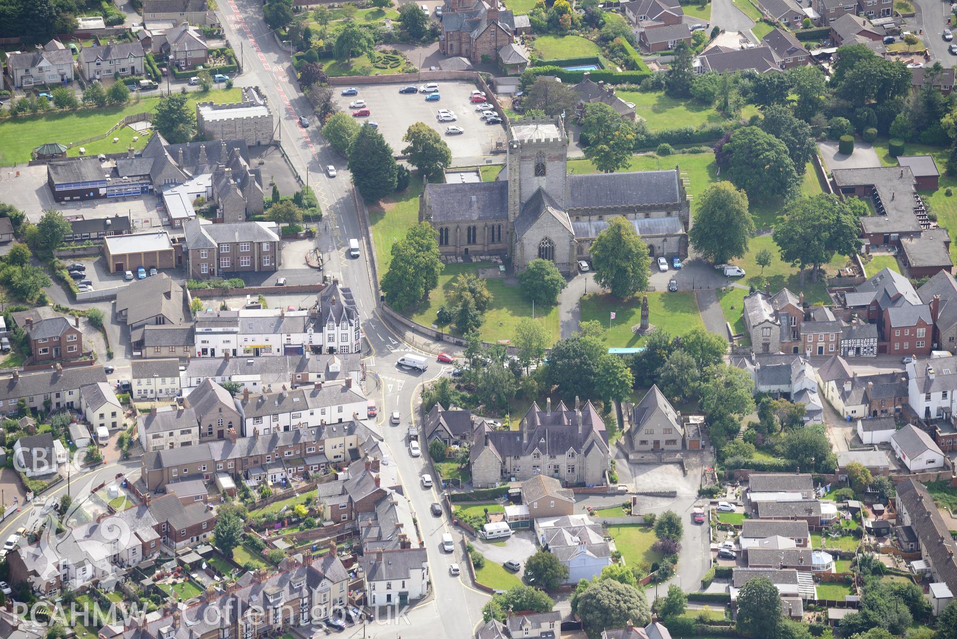 St. Asaph Cathedral and the Bishop William Morgan Memorial in the city of St. Asaph. Oblique aerial photograph taken during the Royal Commission's programme of archaeological aerial reconnaissance by Toby Driver on 11th September 2015.