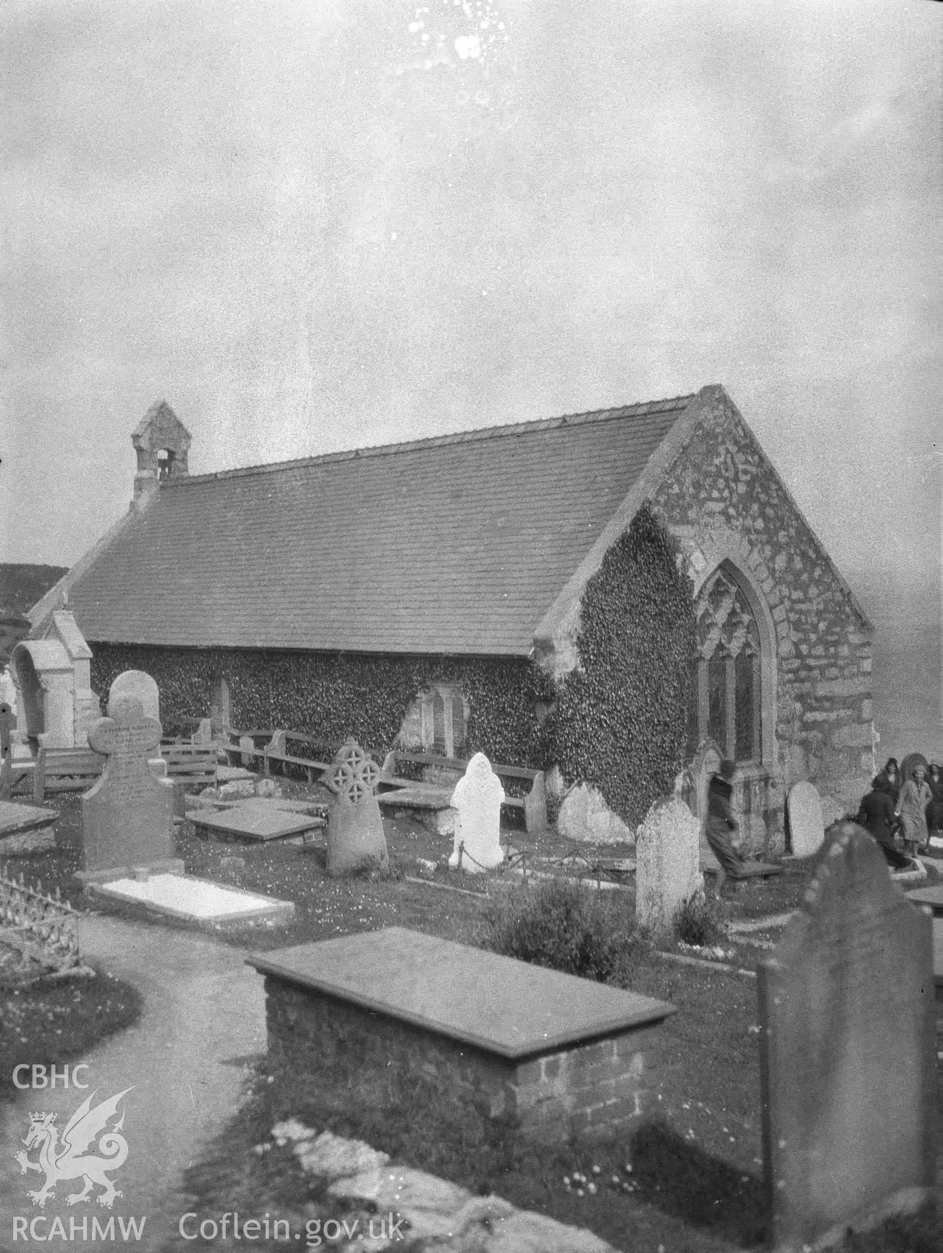 Digital copy of a nitrate negative showing exterior view from south east of St Tudno's Church, Llandudno. From the National Building Record Postcard Collection.