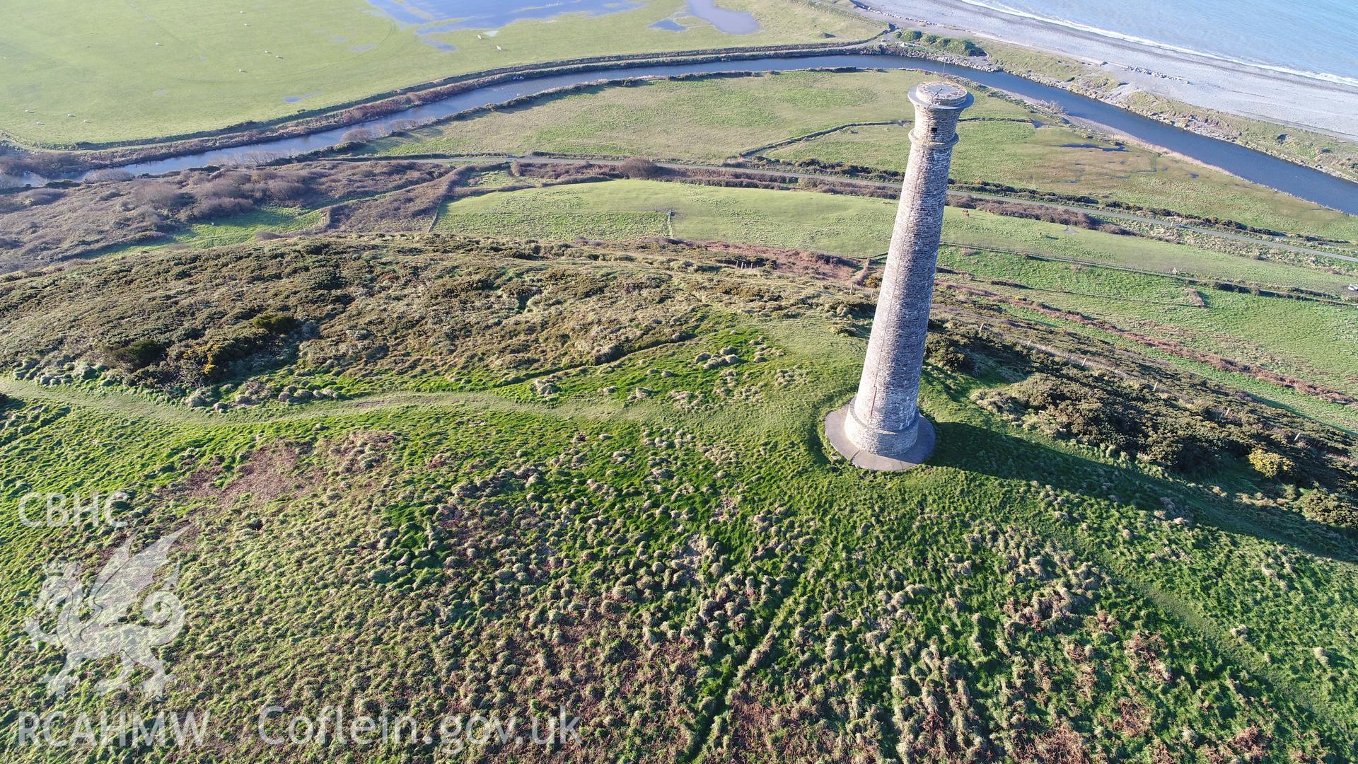 CHERISH Project DJI drone photo survey of Pen Dinas Hillfort and the Wellington Monument. ? Crown: CHERISH PROJECT 2017. Produced with EU funds through the Ireland Wales Co-operation Programme 2014-2020. All material made freely available through the Open Government Licence.