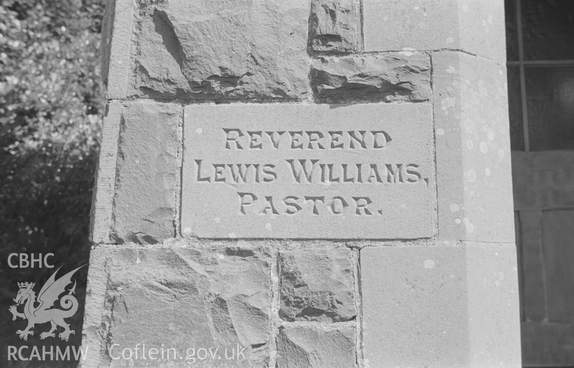 Digital copy of a black and white negative showing memorial stone to Reverend Lewis Williams, Pastor, at Ciliau Aeron Unitarian Chapel. Photographed by Arthur O. Chater in August 1967.