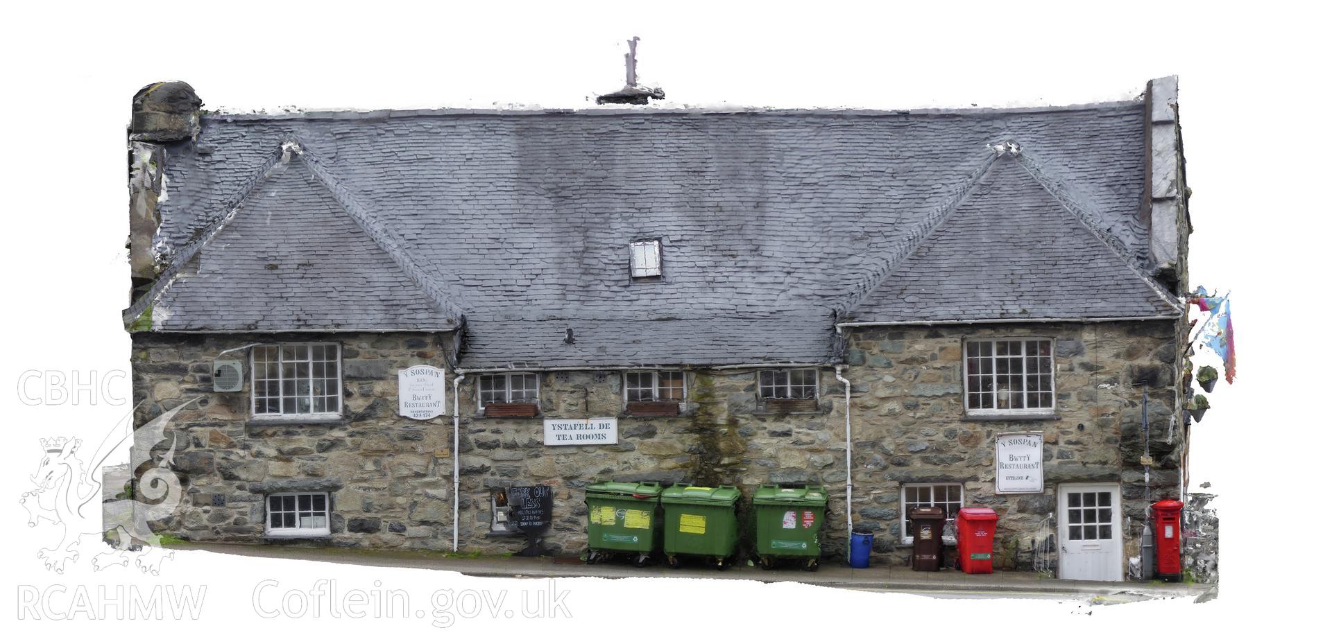 Photogrammic elecvation showing side of Y Sospan, Llys Owain, Dolgellau, looking north east at the building from Lombard Street. Produced by I. P. Brooks of the Engineering Archaeological Services Ltd in June 2019.