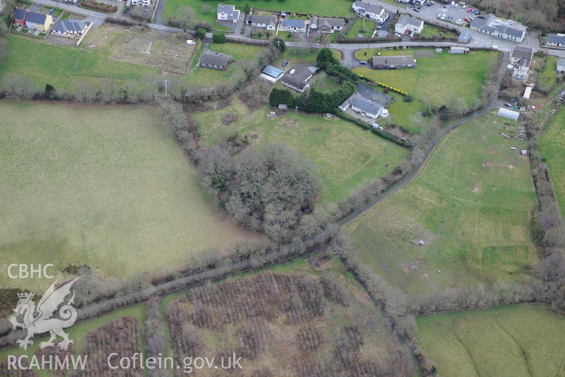 Castell Nant-y-Garan motte, Penrhiw-llan, between Newcastle Emlyn and Llandysul. Oblique aerial photograph taken during the Royal Commission's programme of archaeological aerial reconnaissance by Toby Driver on 13th March 2015.