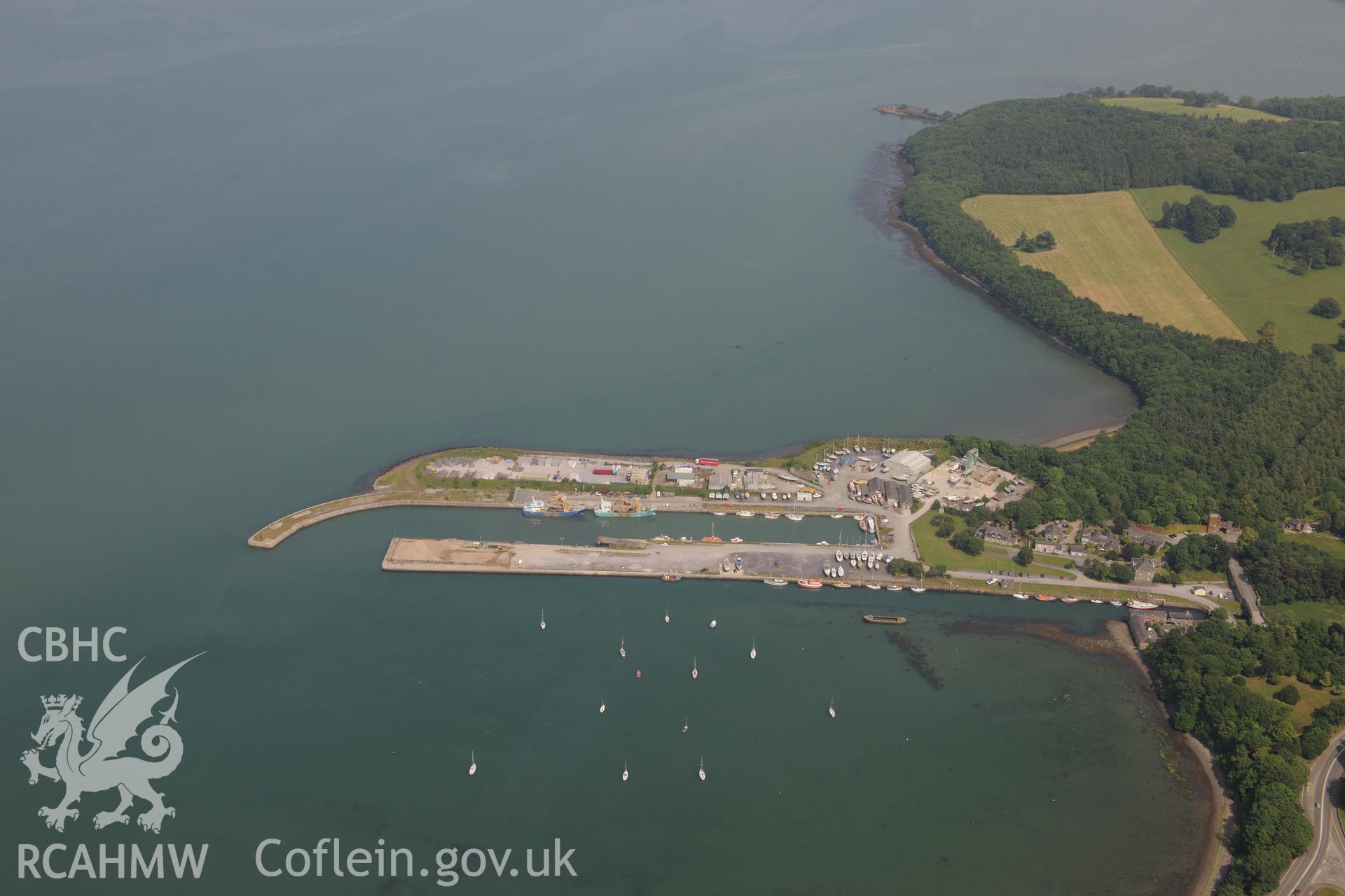 Port Penrhyn harbour, Abercegin, Bangor. Oblique aerial photograph taken during the Royal Commission?s programme of archaeological aerial reconnaissance by Toby Driver on 12th July 2013.