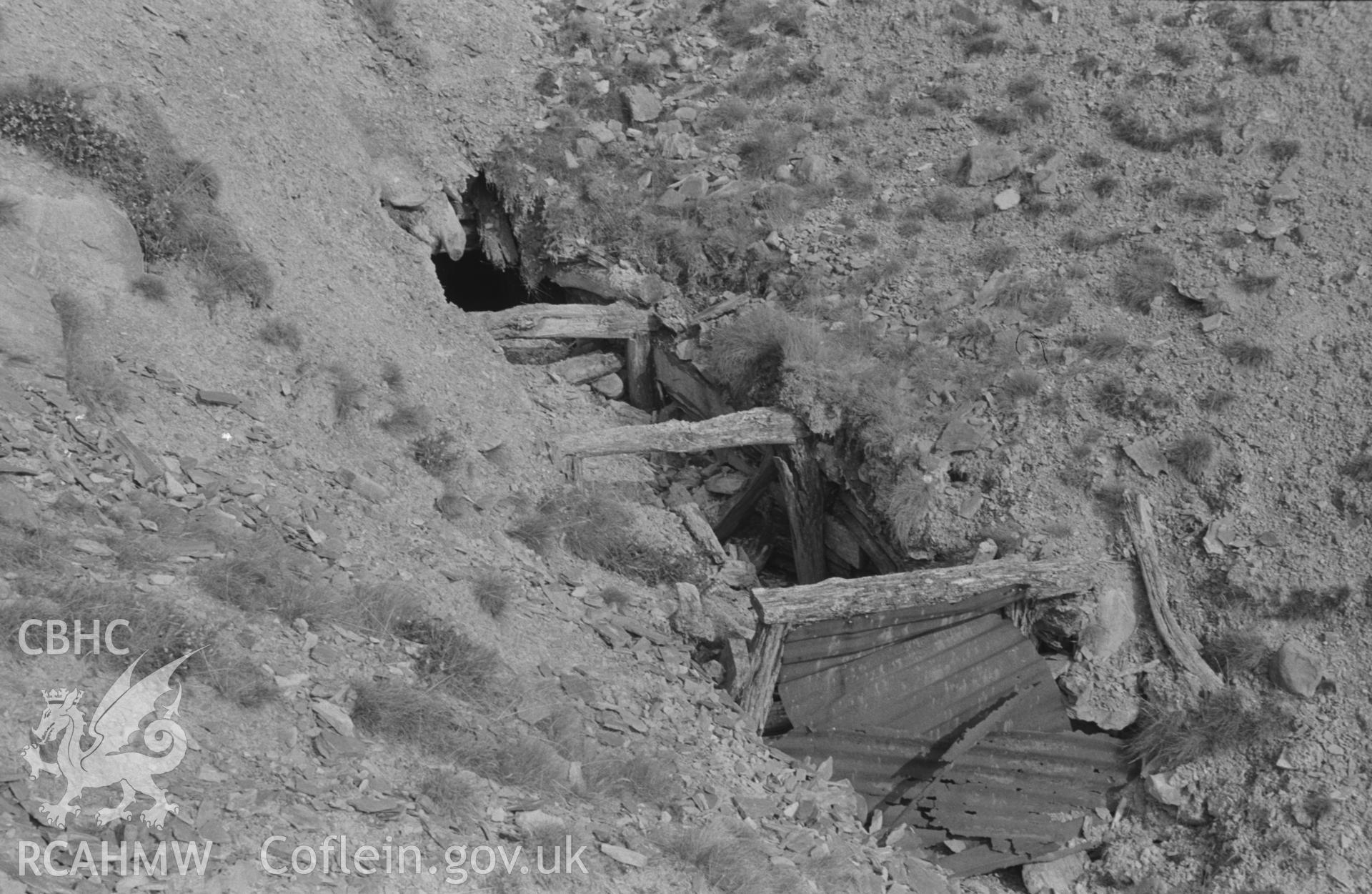 Digital copy of a black and white negative showing shaft at head of tramway at Esgair Mwyn Mine, Ystrad Fflur. Photographed by Arthur O. Chater on 28th August 1966 looking east from Grid Reference SN 755 691.