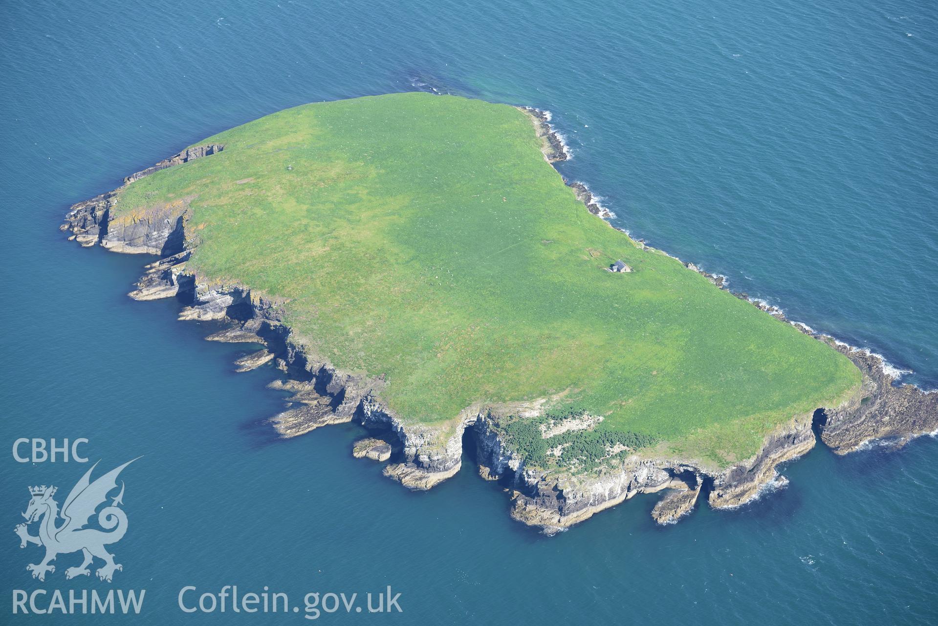 Aerial photography of St Tudwal's Island East taken on 3rd May 2017.  Baseline aerial reconnaissance survey for the CHERISH Project. ? Crown: CHERISH PROJECT 2017. Produced with EU funds through the Ireland Wales Co-operation Programme 2014-2020. All material made freely available through the Open Government Licence.