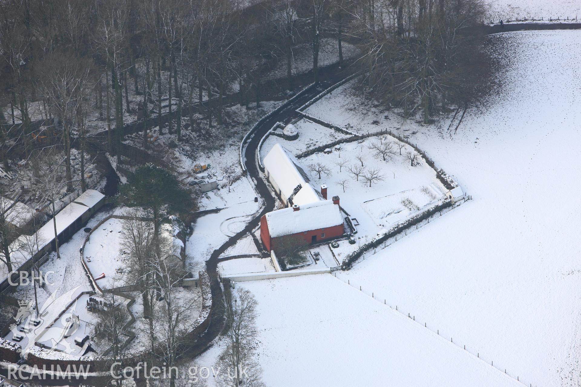 Kennixton farmhouse, at St Fagans Mueseum of Welsh Life. Oblique aerial photograph taken during the Royal Commission?s programme of archaeological aerial reconnaissance by Toby Driver on 24th January 2013.