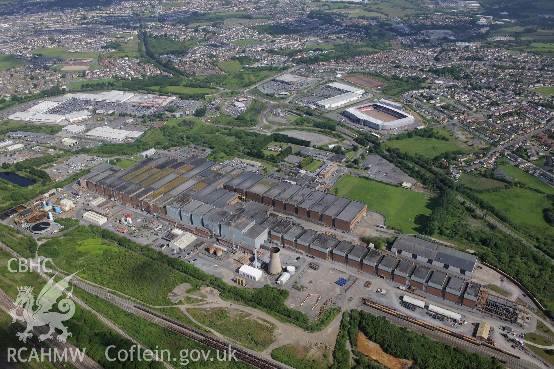 Trostre Steelworks, Maes-ar-Ddafen-Fach Farmhouse and Parc-y-Scarlets, Llanelli. Oblique aerial photograph taken during the Royal Commission's programme of archaeological aerial reconnaissance by Toby Driver on 19th June 2015.