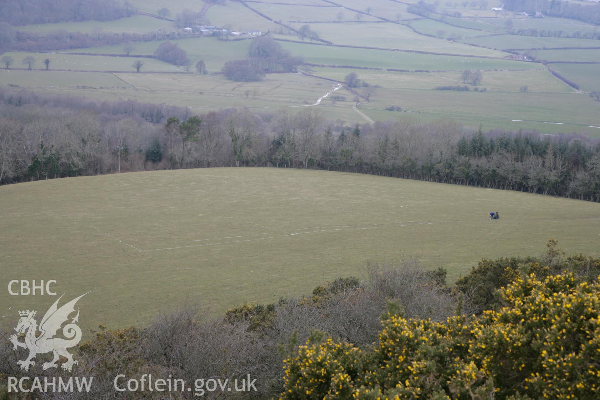 Geophysical (gradiometry) survey of Pen y Castell defended enclosure by ArchaeoPhysica LTD, conducted on 27th March 2013.