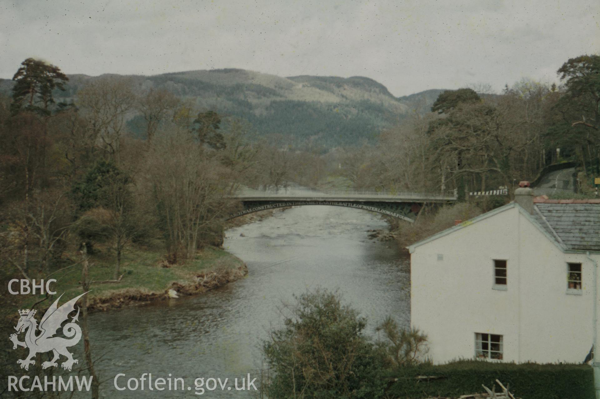 Digital copy of a colour slide showing Betws y Coed Bridge, taken by Douglas Hague, 1964.