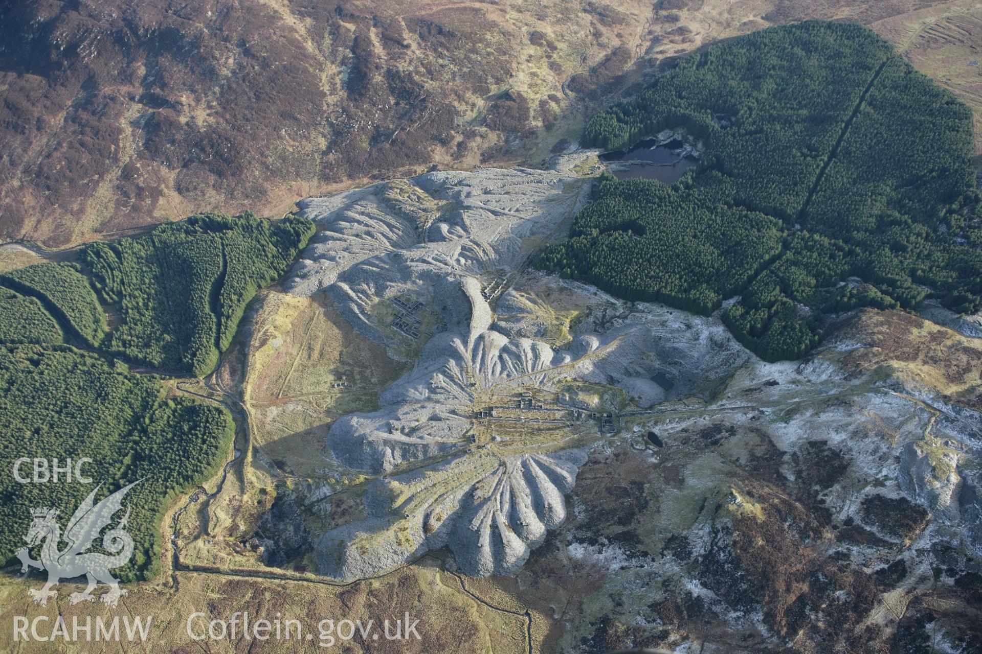 RCAHMW colour oblique photograph of Rhiw-Bach slate quarries. Taken by Toby Driver on 08/02/2011.