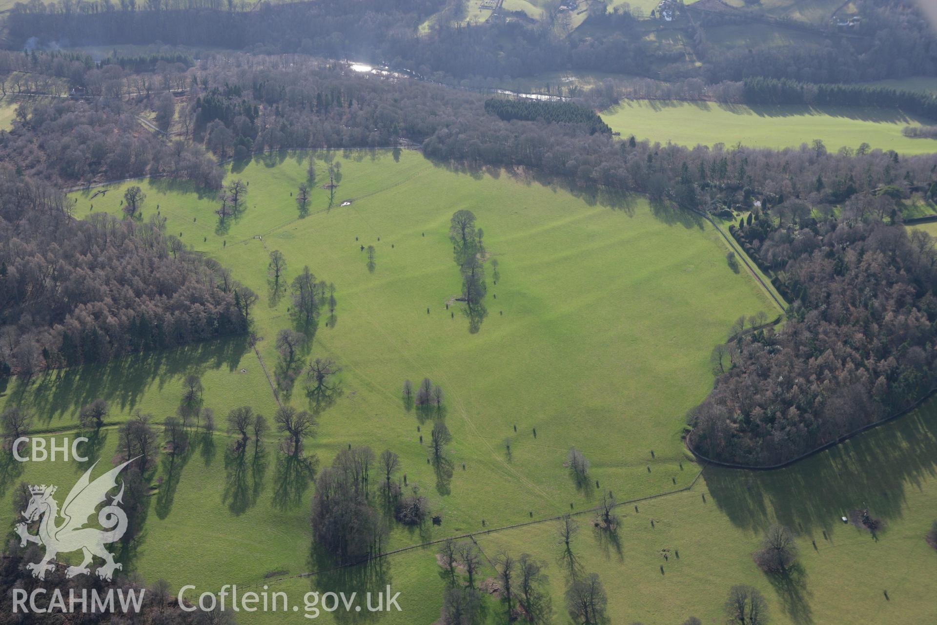 RCAHMW colour oblique photograph of earthworks to the east of Chirk Castle. Taken by Toby Driver on 08/02/2011.