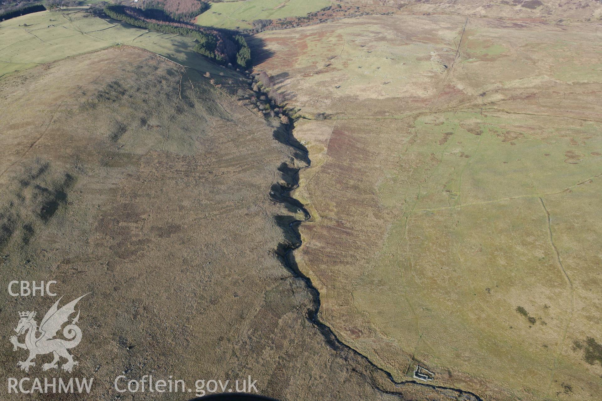 RCAHMW colour oblique photograph of Cwm Tywyll House Platforms. Taken by Toby Driver on 08/02/2011.