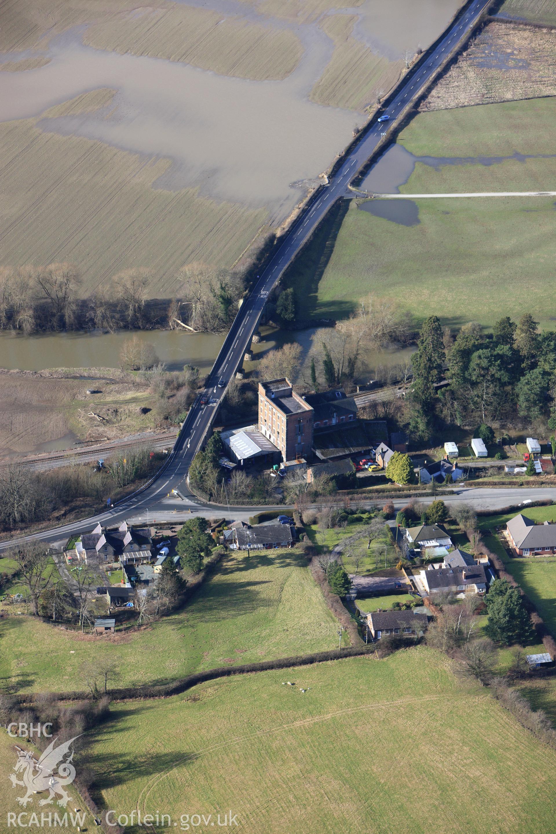 RCAHMW colour oblique photograph of Cilcewydd mill, Leighton estate, Welshpool. Taken by Toby Driver on 08/02/2011.