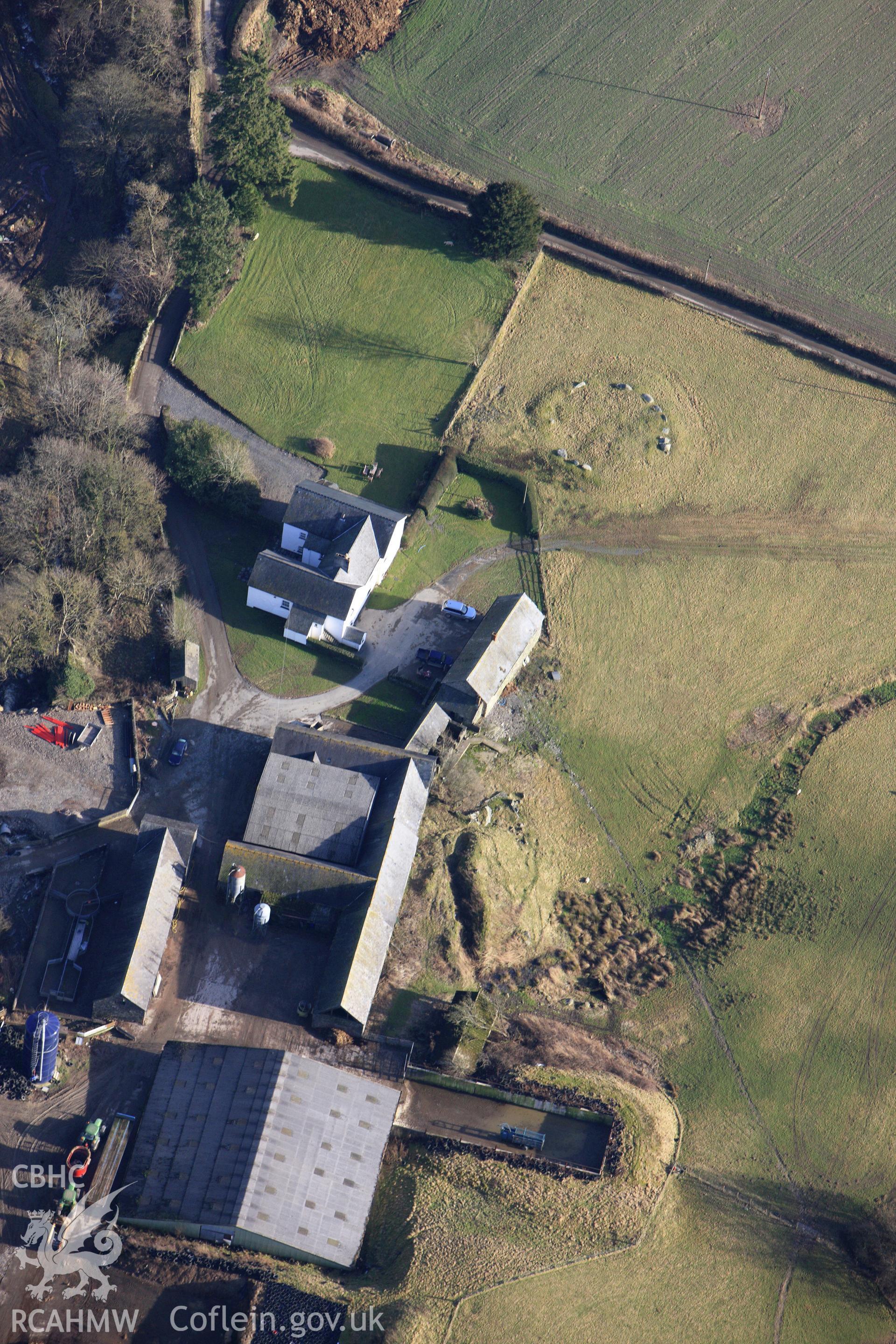 RCAHMW colour oblique photograph of Tyfos Cairn Circle, Llandrillo. Taken by Toby Driver on 08/02/2011.