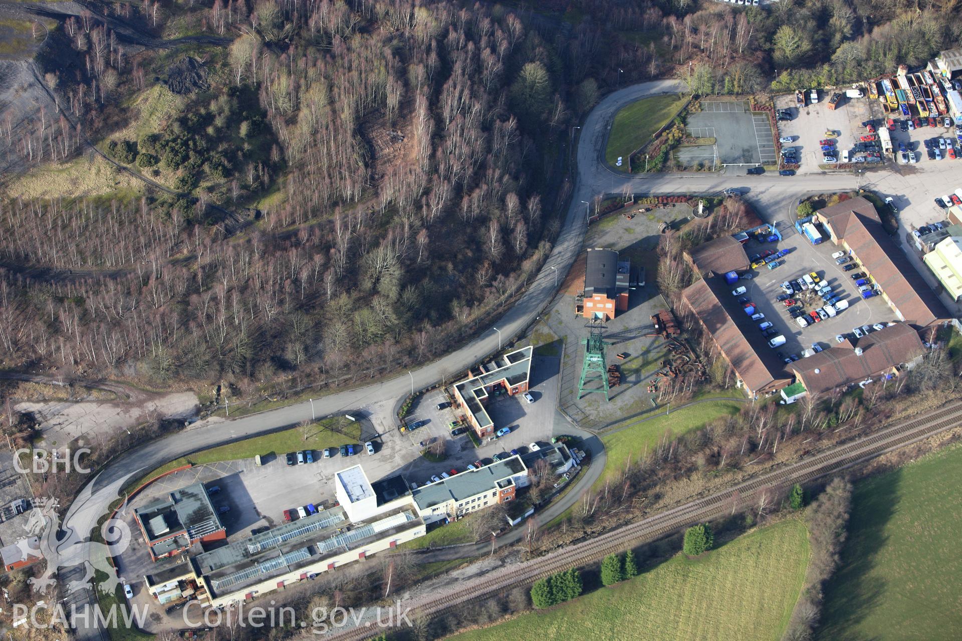 RCAHMW colour oblique photograph of Bersham Colliery baths, offices and canteen, and number 2 shaft winding gear and head frame. Taken by Toby Driver on 08/02/2011.