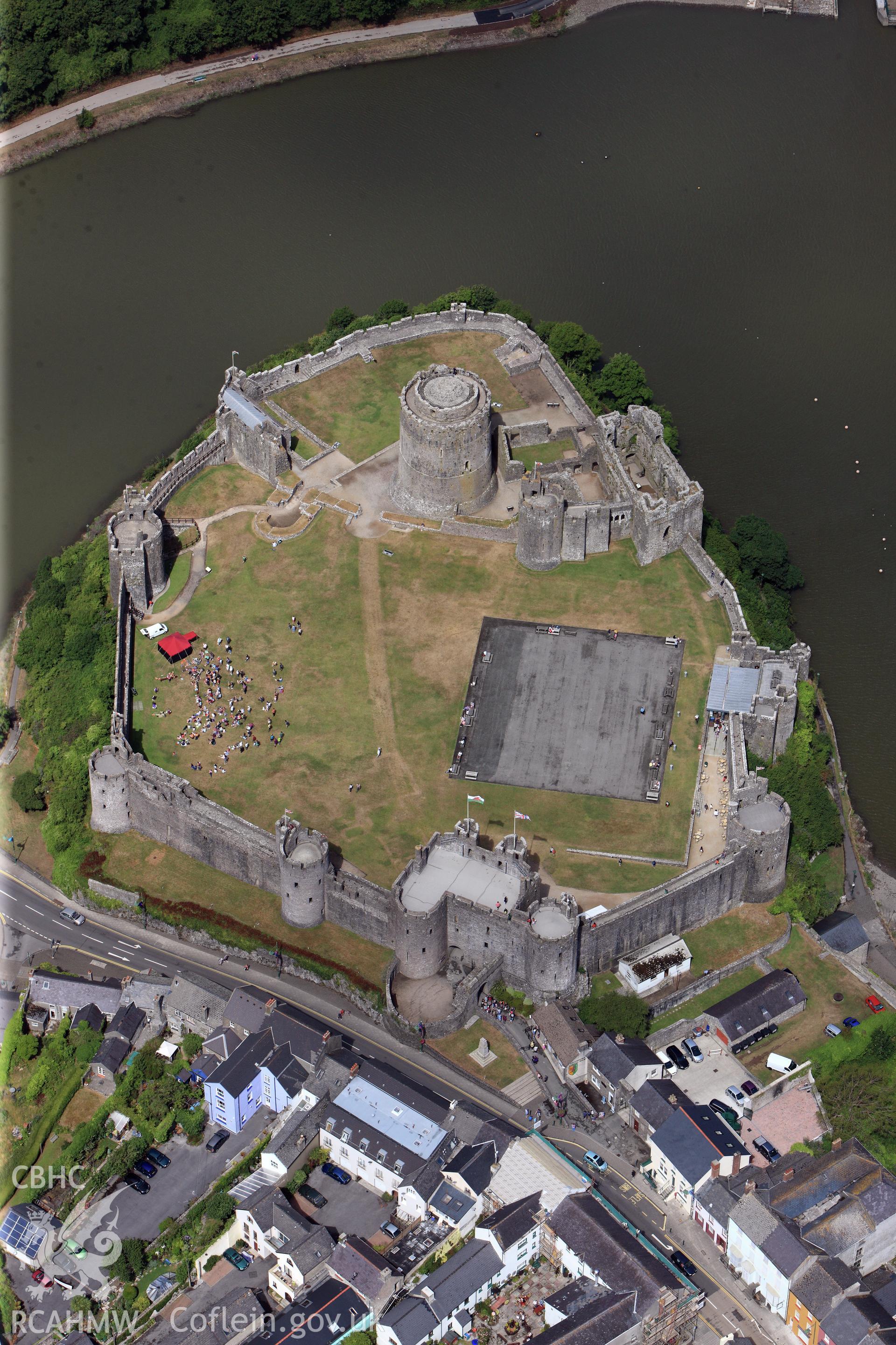 Pembroke Castle, showing parchmarks of buildings and other structures in the inner and outer wards, photographed by T. G. Driver on 29th  July 2013