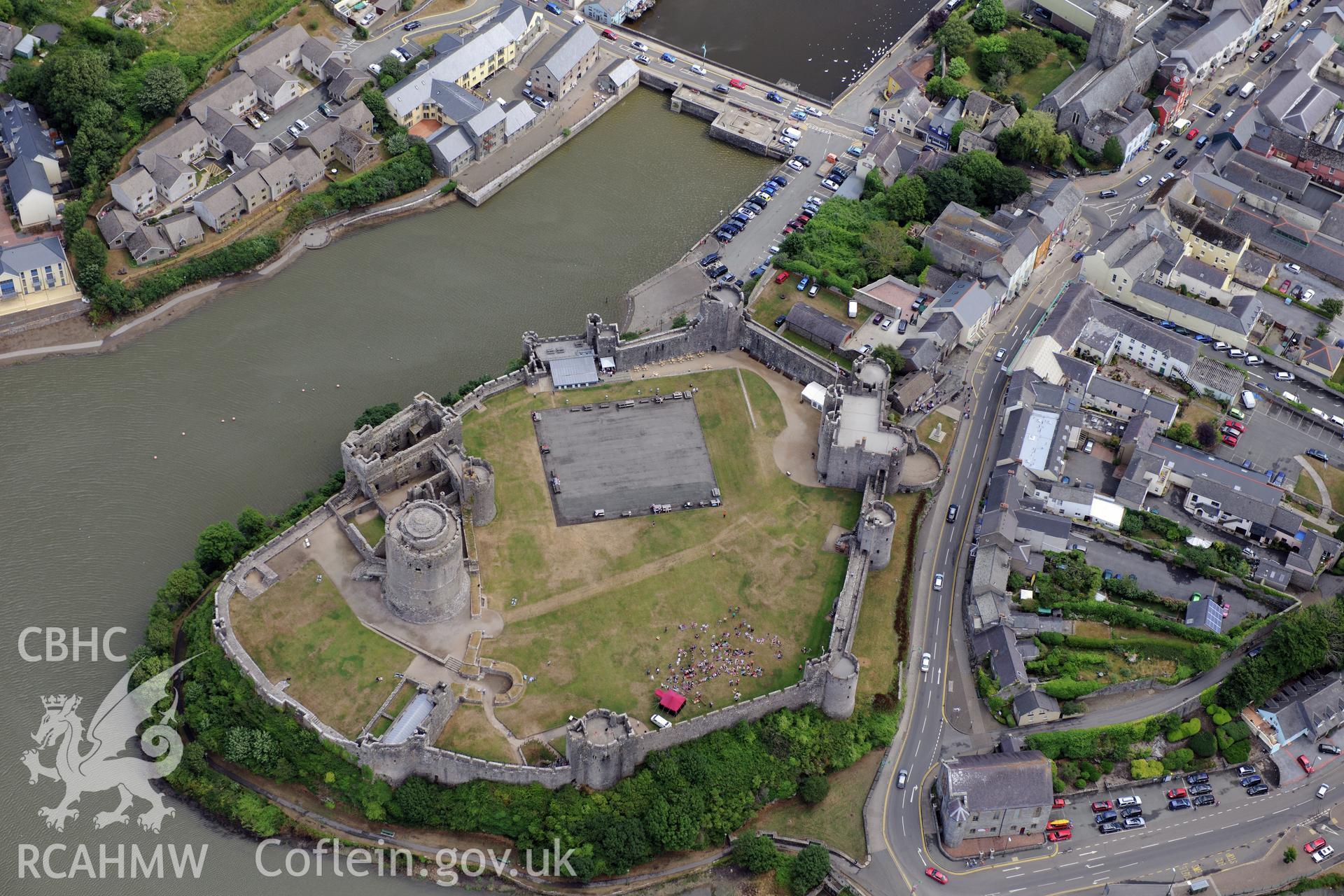 Pembroke Castle, showing parchmarks of buildings and other structures in the inner and outer wards, photographed by T. G. Driver on 29th  July 2013