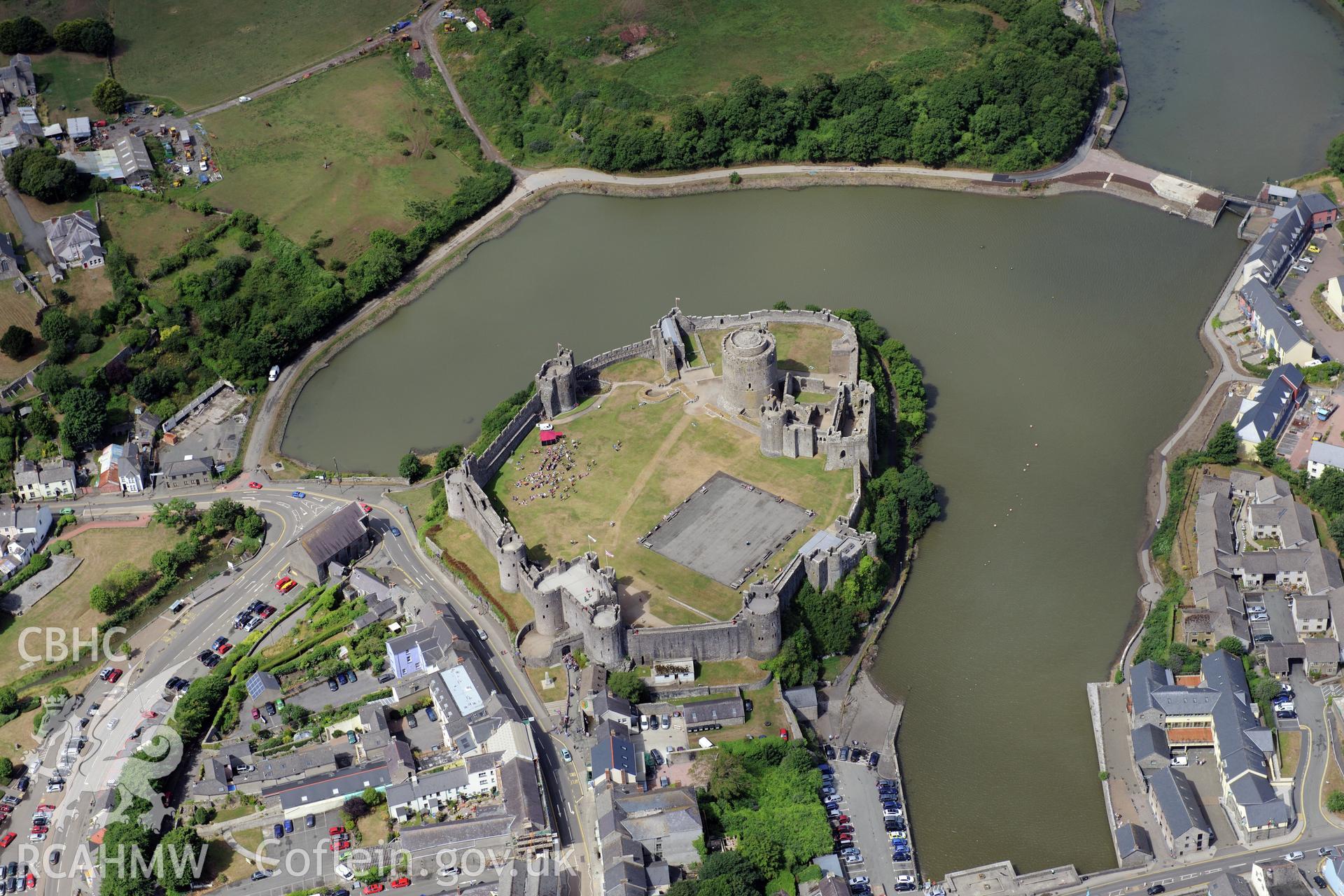 Pembroke Castle, showing parchmarks of buildings and other structures in the inner and outer wards, photographed by T. G. Driver on 29th  July 2013