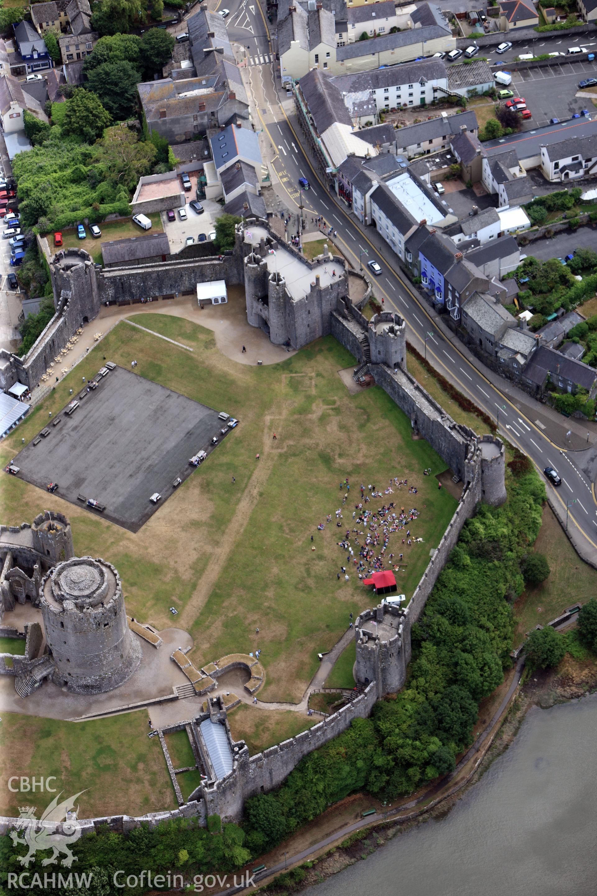 Pembroke Castle, showing parchmarks of buildings and other structures in the inner and outer wards, photographed by T. G. Driver on 29th  July 2013