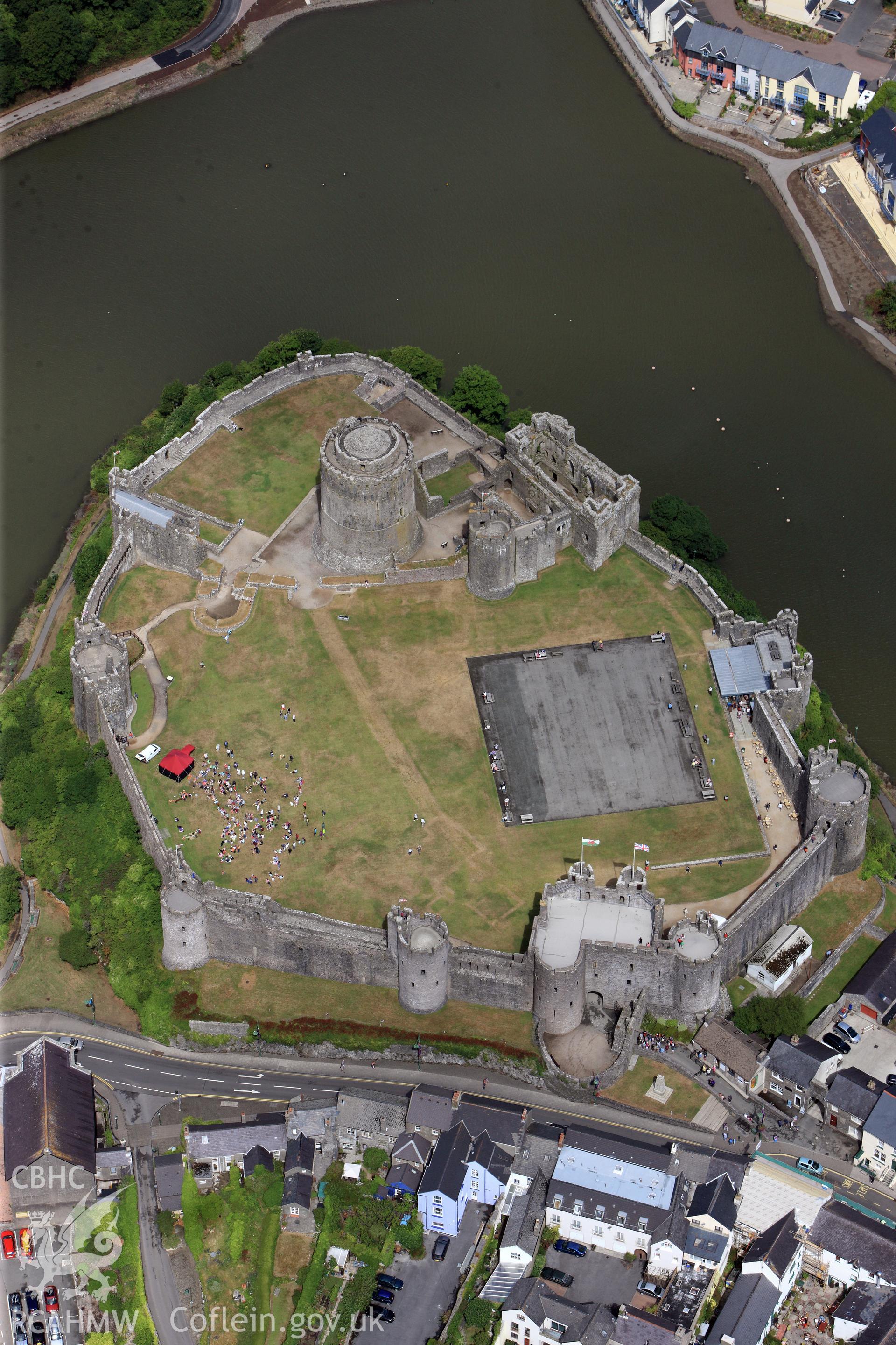 Pembroke Castle, showing parchmarks of buildings and other structures in the inner and outer wards, photographed by T. G. Driver on 29th  July 2013