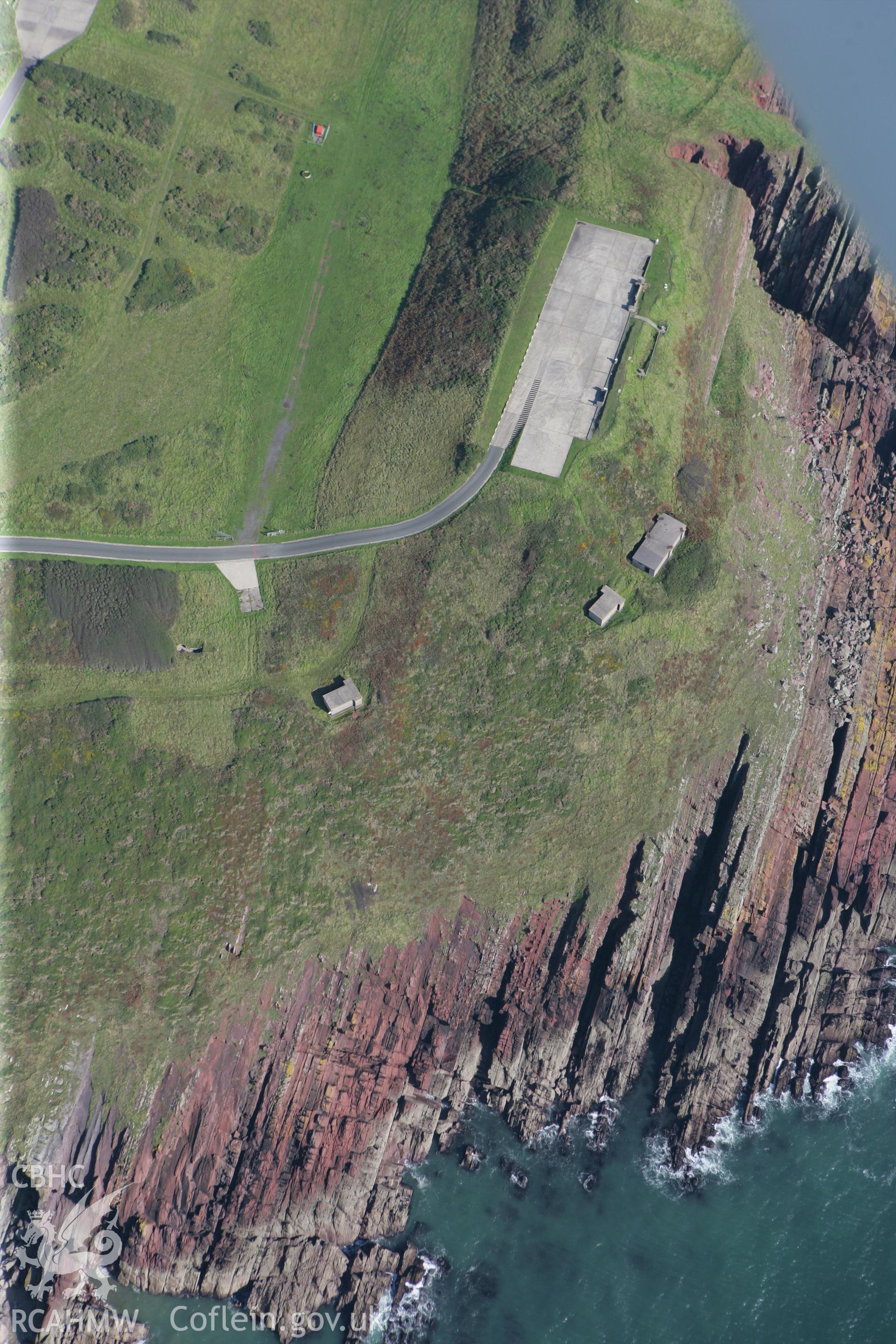 RCAHMW colour oblique photograph of Manorbier radar station, Old Castle Head. Taken by Toby Driver and Oliver Davies on 28/09/2011.