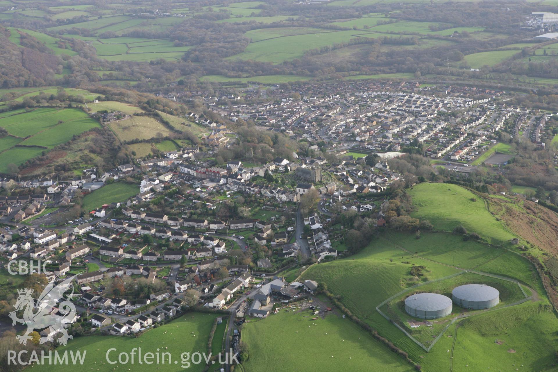 RCAHMW colour oblique photograph of Llantrisant, view from the west. Taken by Toby Driver on 17/11/2011.